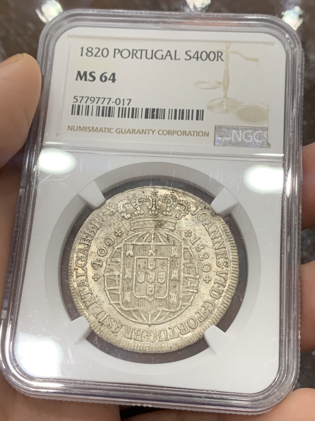 《竞宝斋》第111场-周日，周一 ，2场连拍（全场包邮） NGC-MS64 1820年葡萄牙若昂五世400Reis银币 葡萄牙本土的最大银币，热门葡系地球，上涨品种