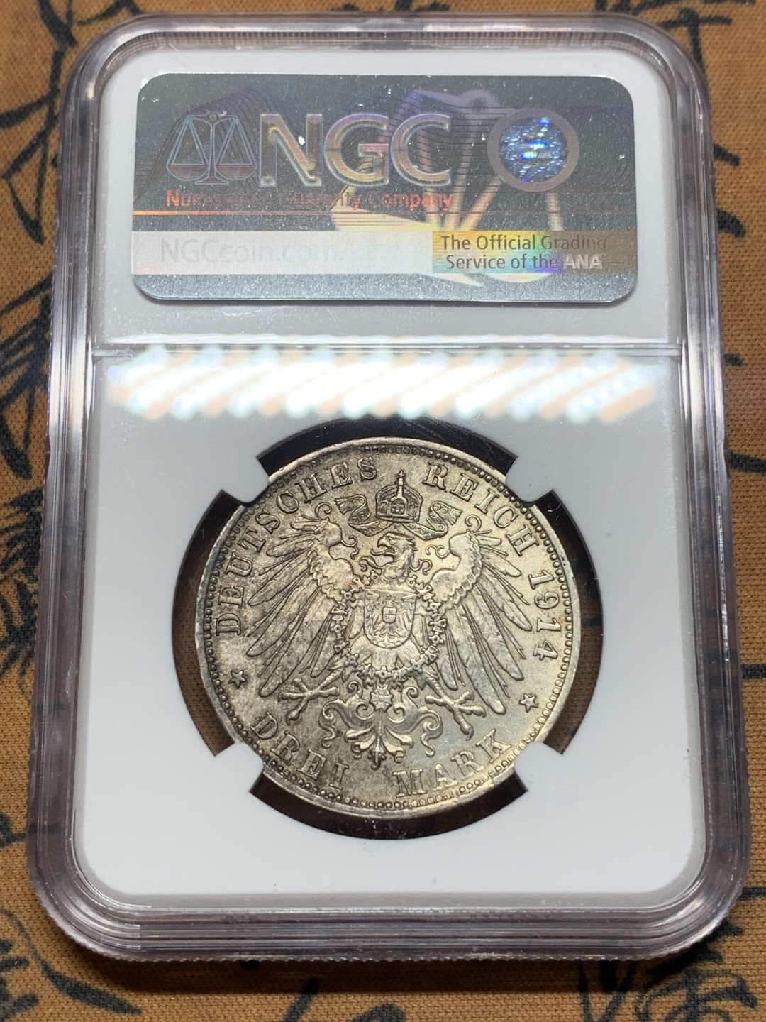 《竞宝斋》第111场-周日，周一 ，2场连拍（全场包邮） NGC-AU58 德国巴伐利亚 1914年路德维希三世 3马克银币 少见品种