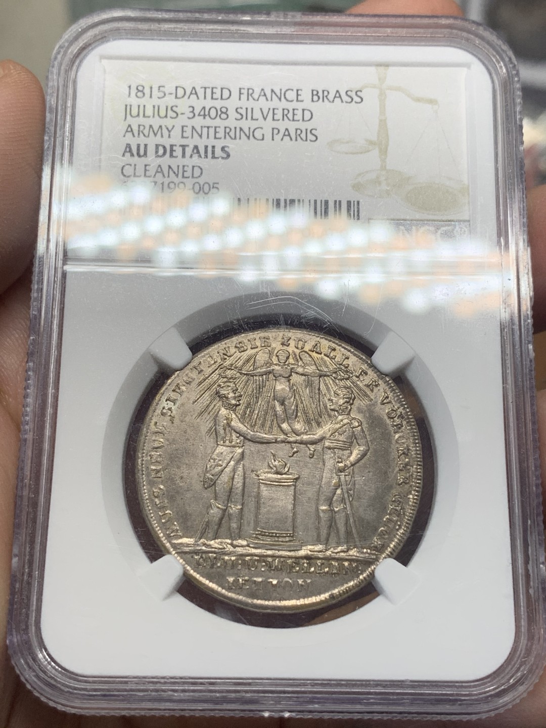 《竞宝斋》第111场-周日，周一 ，2场连拍（全场包邮） NGC AU 德国 1815年 德英联军 入侵巴黎 纪念 镀银铜章 背面细节丰富 难得