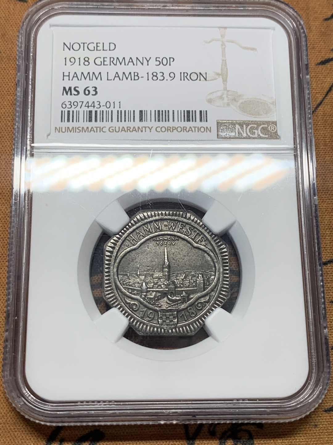 《竞宝斋》第111场-周日，周一 ，2场连拍（全场包邮） NGC-MS63 德国紧急状态 1918年 哈姆50芬尼 铁币 景观德紧，难得的品性，热门景观