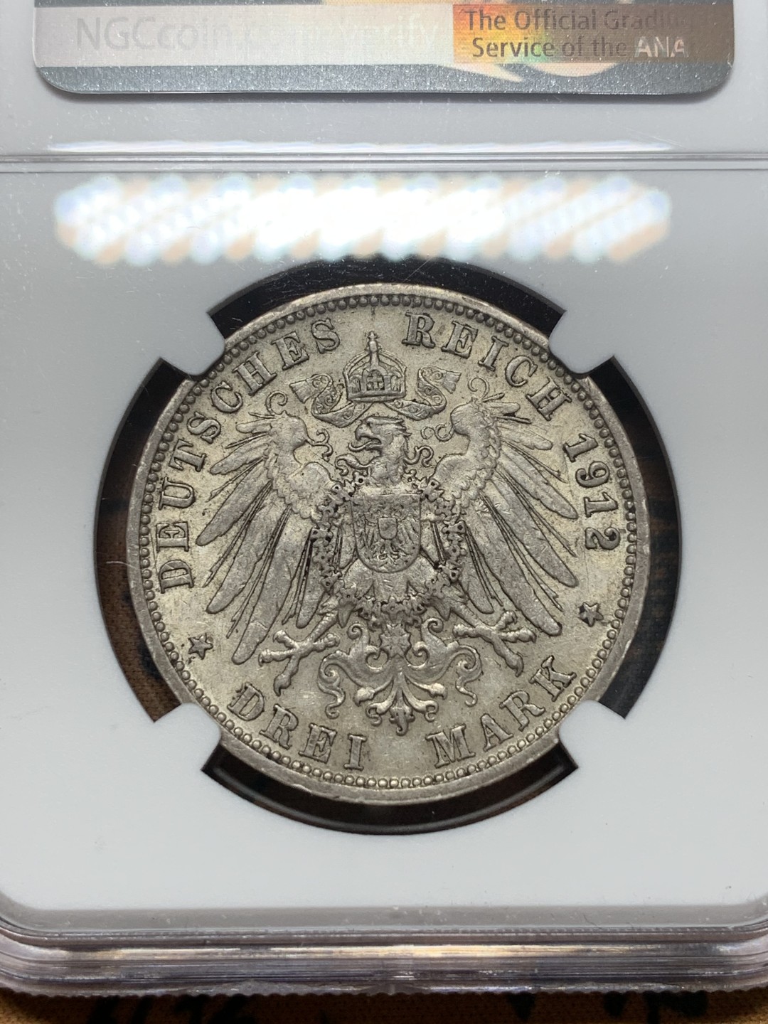 《竞宝斋》第111场-周日，周一 ，2场连拍（全场包邮） NGC-AU55 德国符腾堡 1912年威廉二世大胡子 3马克大银币 原味好品