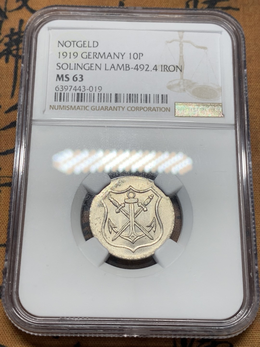 《竞宝斋》第111场-周日，周一 ，2场连拍（全场包邮） NGC-MS63 德国紧急状态 1919年 索林根10芬尼铁币  状态好 泛光状态