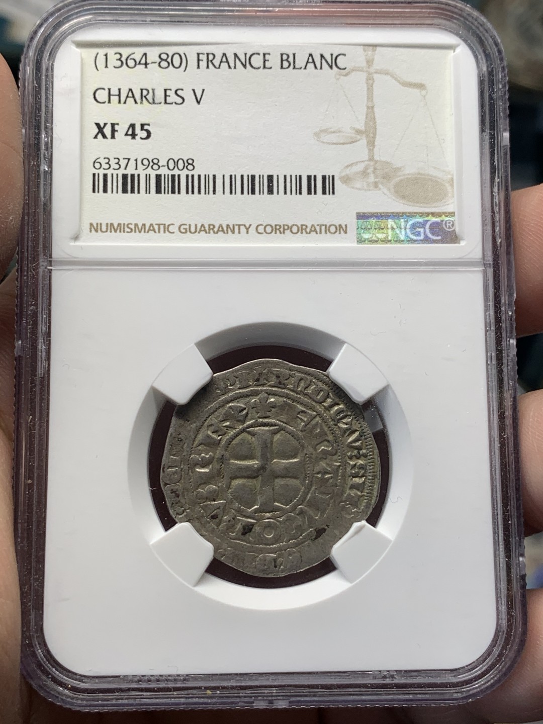 《竞宝斋》第111场-周日，周一 ，2场连拍（全场包邮） NGC XF45 法国 中世纪 1364-80年 查理五世 1B 银币 打制清晰 难得