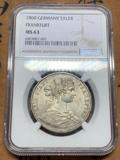 《竞宝斋》第111场-周日，周一 ，2场连拍（全场包邮） - NGC MS63 德国 1860年 法兰克福 少女 泰勒 银币 高品好细节 包浆币上MS太不容易了