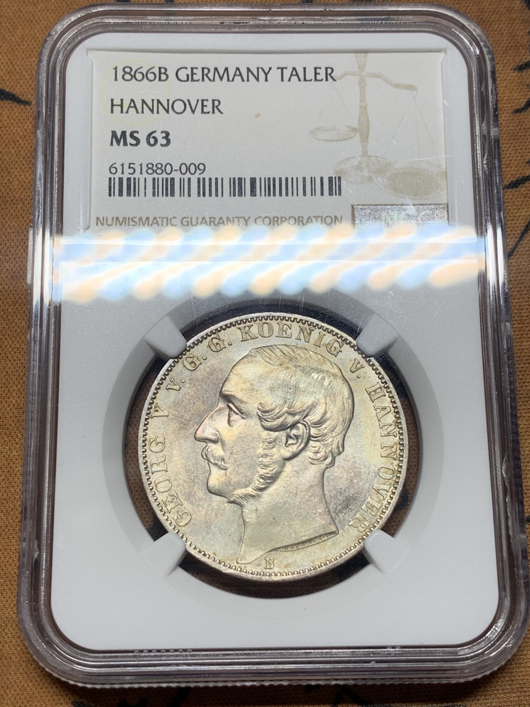 《竞宝斋》第111场-周日，周一 ，2场连拍（全场包邮） NGC-MS63 德国 1866年 汉诺威狮马盾徽1泰勒银币 原光好品 币面干净 PL底板明显