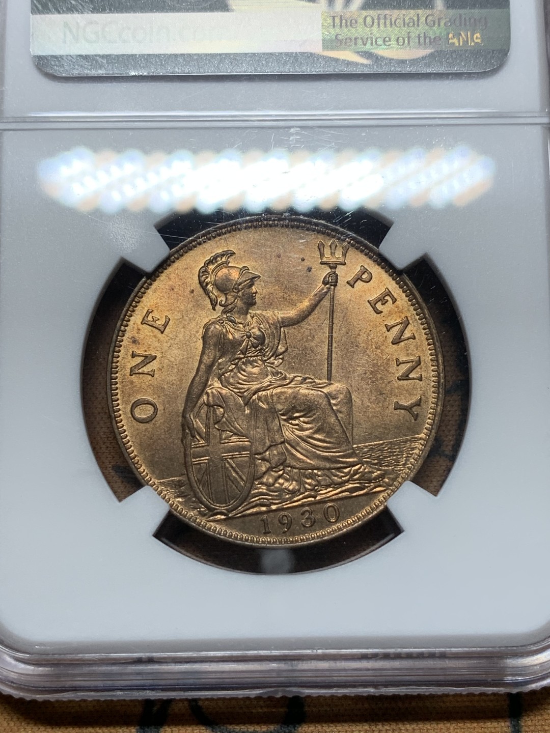 《竞宝斋》第111场-周日，周一 ，2场连拍（全场包邮） NGC-MS64RB 1930年 乔五1便士 光泽非常好的铜币 30年流通充分 定价比36年末年高很多