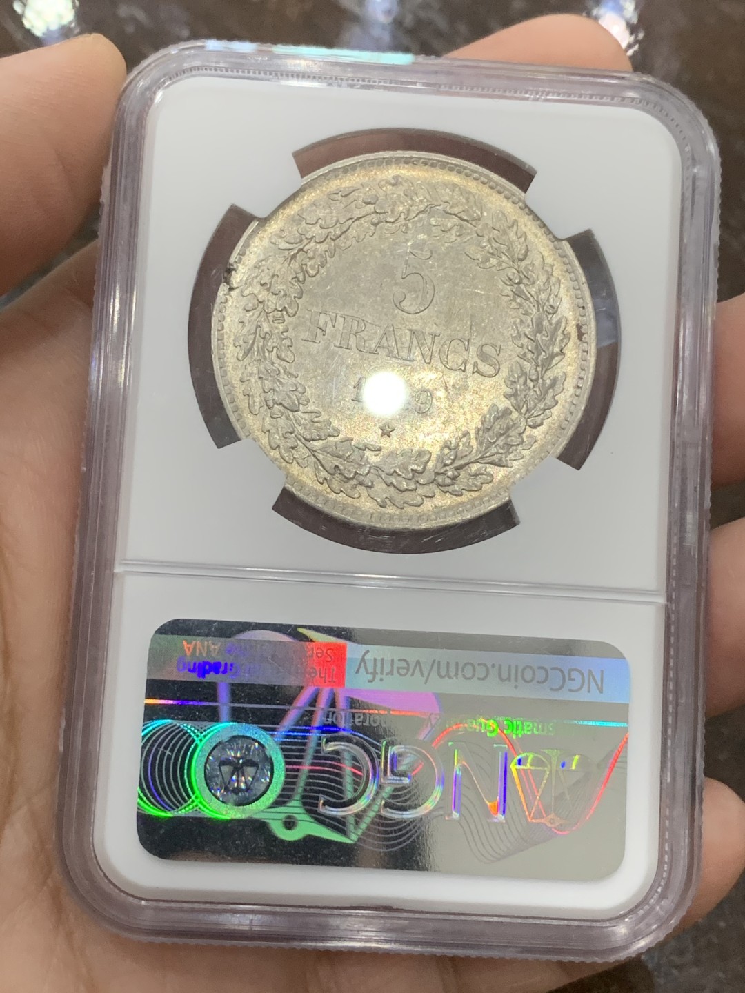 《竞宝斋》第111场-周日，周一 ，2场连拍（全场包邮） NGC-AU58 比利时 1849年花环版 利奥波德一世5法郎银币 该品种好品极其稀少 58分是评级第四名 光度及细节均可媲美MS级 品相如图 仔细看图就行