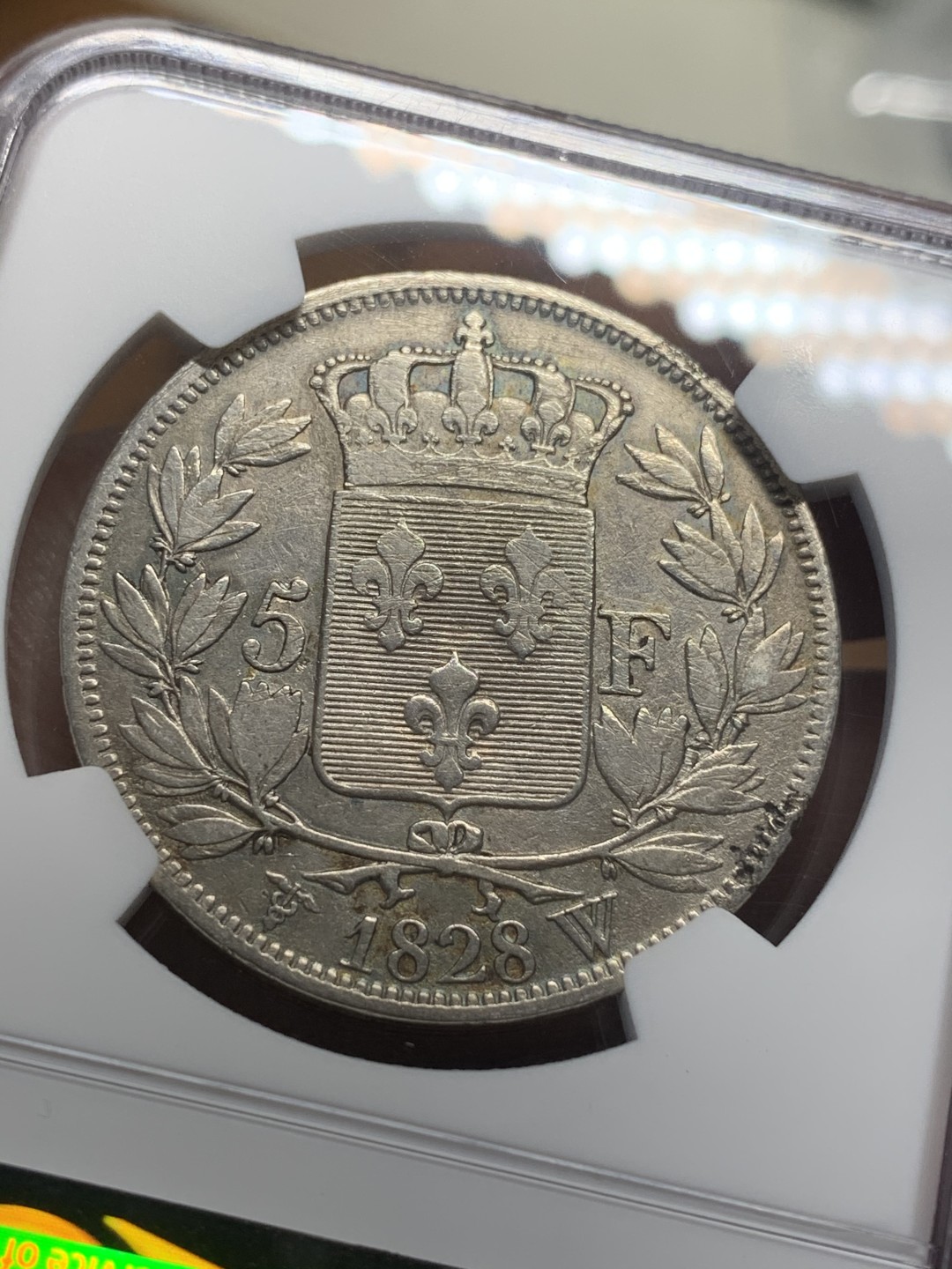 《竞宝斋》第111场-周日，周一 ，2场连拍（全场包邮） NGC XF 法国 1828年W版查理十世五法郎银币 老包浆好状态 可藏品种