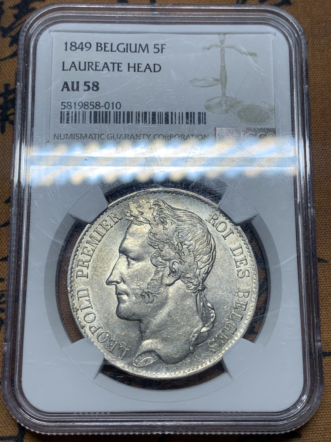 《竞宝斋》第111场-周日，周一 ，2场连拍（全场包邮） NGC-AU58 比利时 1849年花环版 利奥波德一世5法郎银币 该品种好品极其稀少 58分是评级第四名 光度及细节均可媲美MS级 品相如图 仔细看图就行