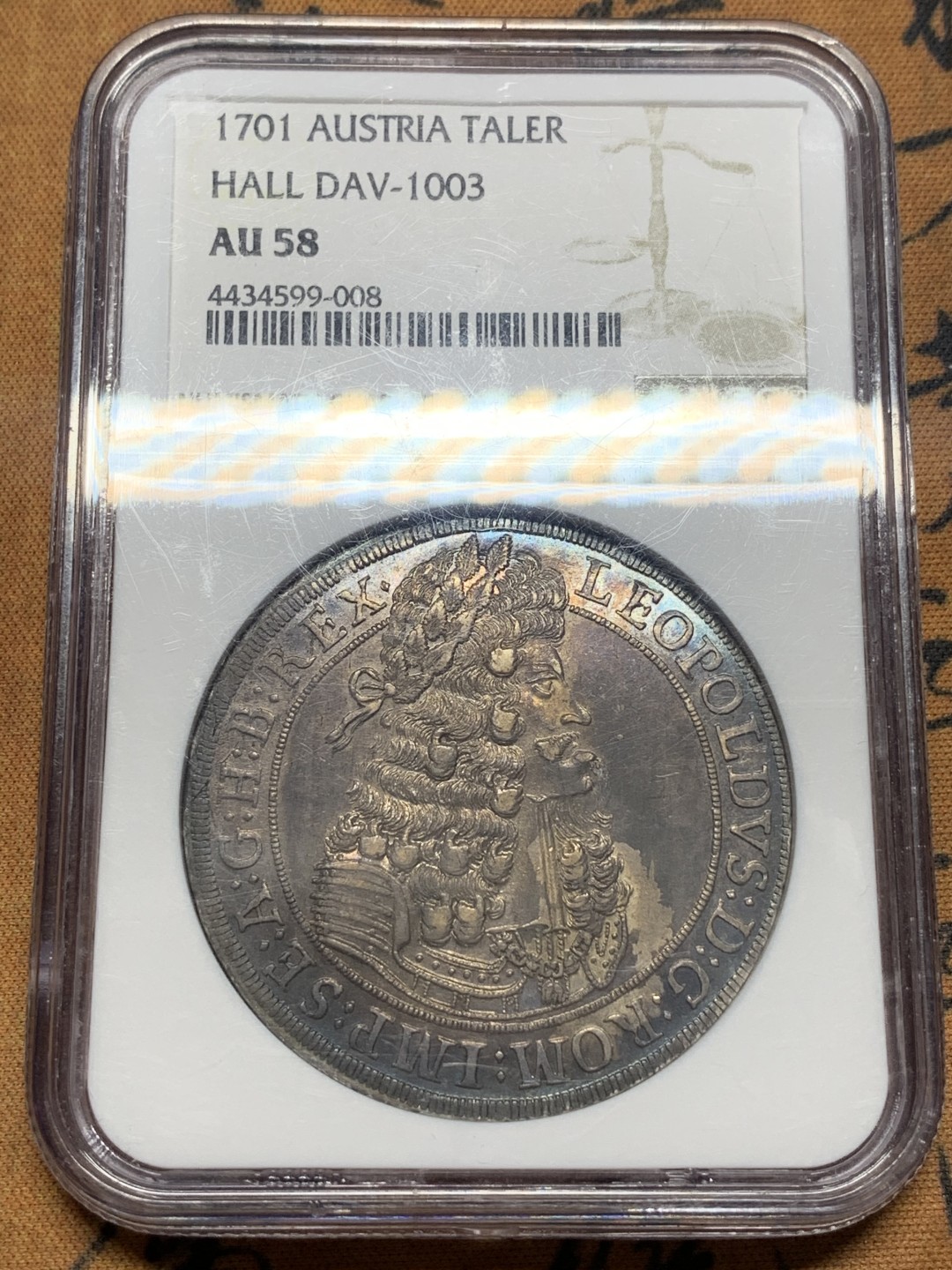 《竞宝斋》第111场-周日，周一 ，2场连拍（全场包邮） NGC-AU58  神圣罗马 帝国 1701年 利奥波德一世 大波浪 猪嘴大泰勒银币 入骨五彩包浆 老味道 非常漂亮
