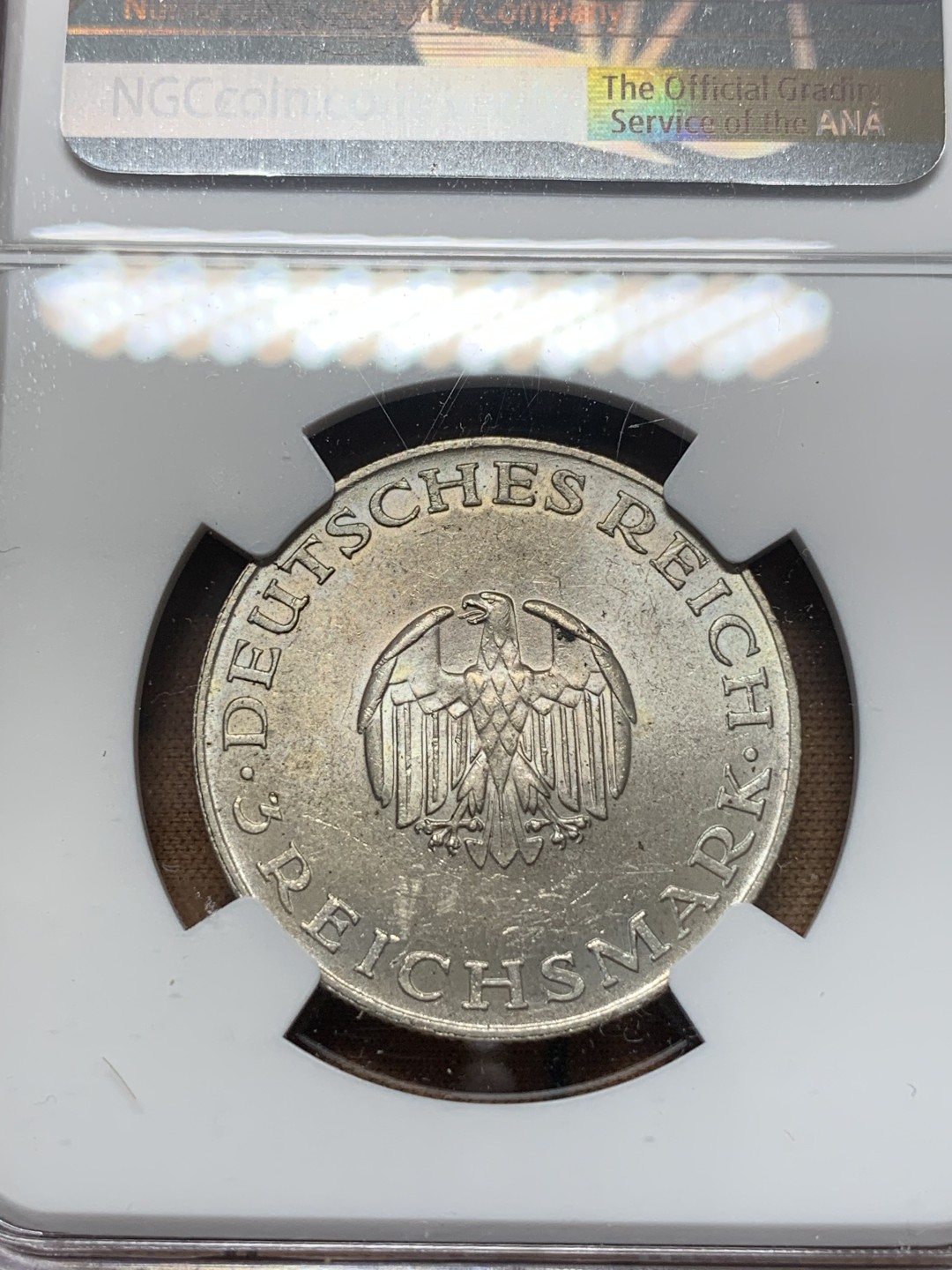 《竞宝斋》第111场-周日，周一 ，2场连拍（全场包邮） NGC-MS61 德国魏玛共和国 1929年莱幸 3马克银币 原光好品 少见品种