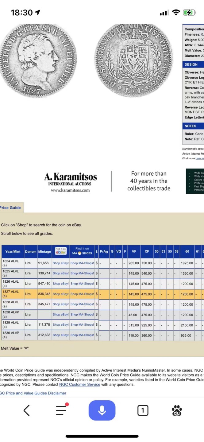 《竞宝斋》第111场-周日，周一 ，2场连拍（全场包邮） 唯一冠军分，NGC-AU55 撒丁王国1827年卡洛·腓力切1里拉银币 原味包浆 少见品种