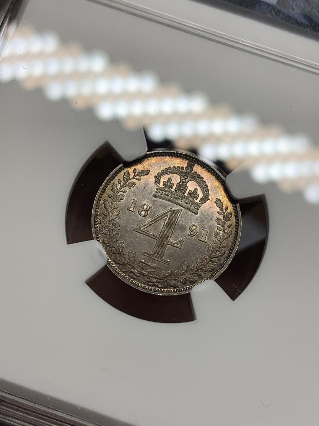 《竞宝斋》第111场-周日，周一 ，2场连拍（全场包邮） NGC MS63-64，UNC 英国 1891年维多利亚女王濯足银币一套 全五彩包浆 1P瑕疵肉眼几乎不可见