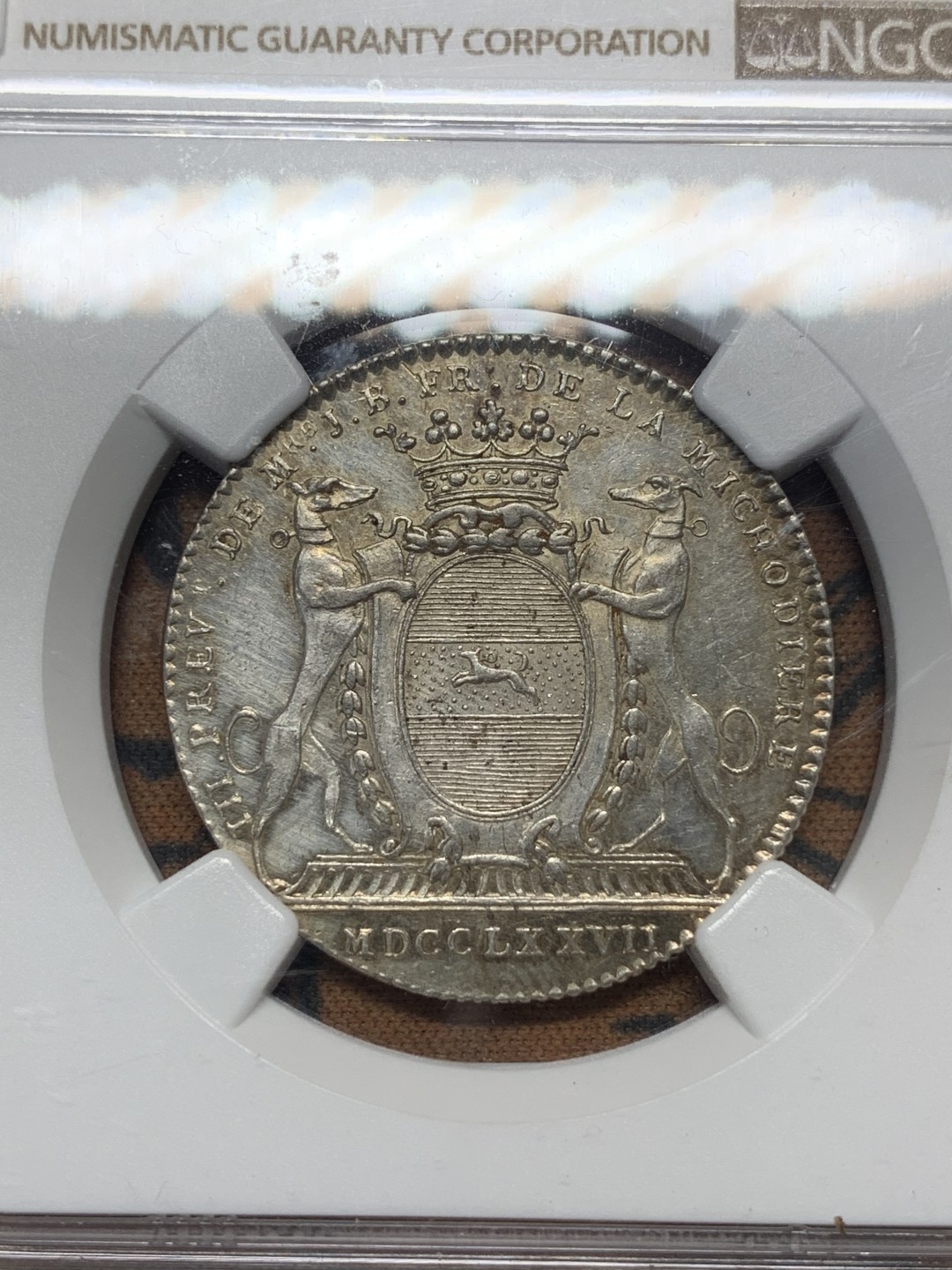 《竞宝斋》第111场-周日，周一 ，2场连拍（全场包邮） NGC UNC 法国 1777年 银质 代币  光度好 细节更好