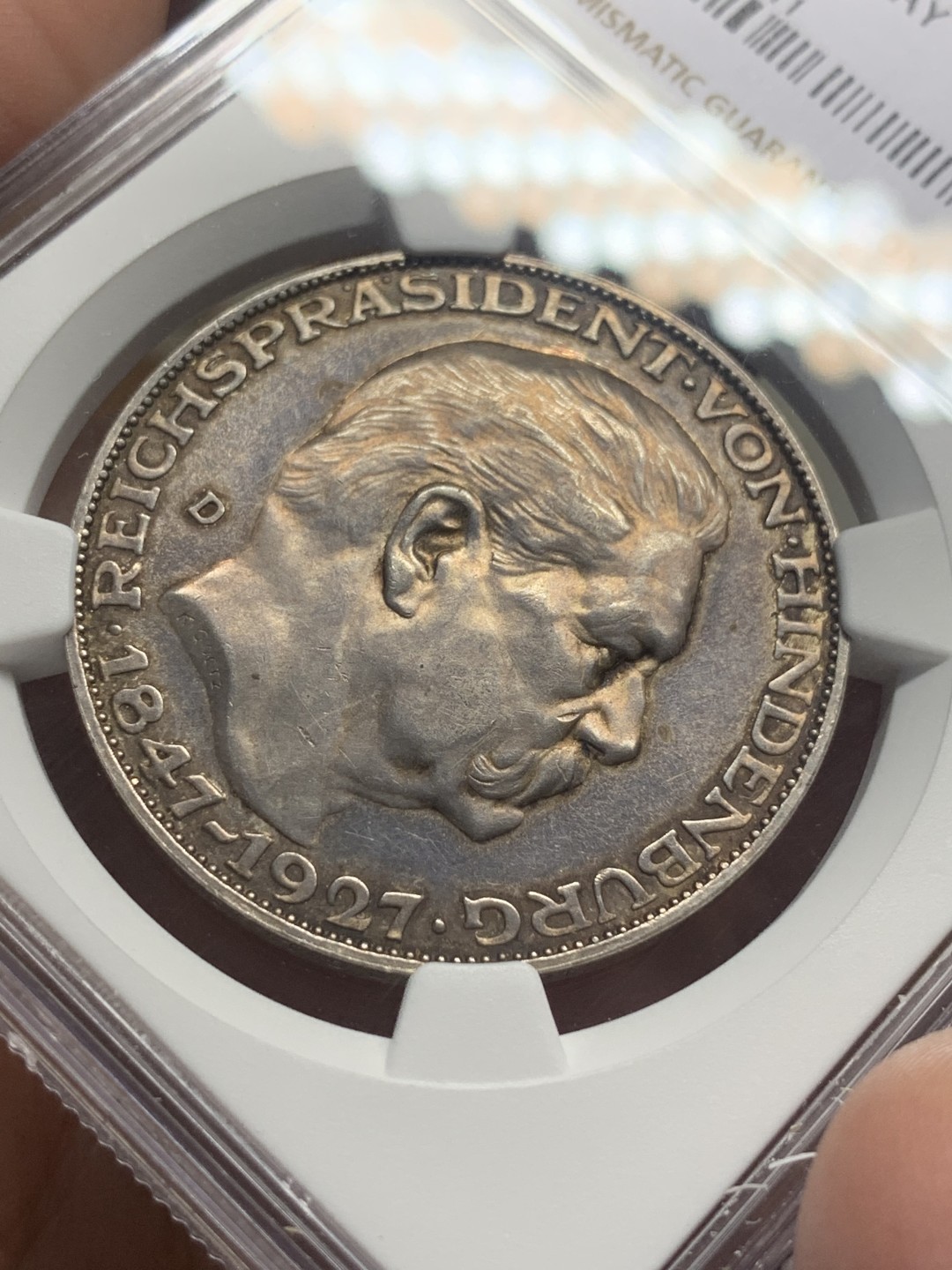 《竞宝斋》第111场-周日，周一 ，2场连拍（全场包邮） NGC MS62德国1927年哥茨设计兴登堡总统80大寿5马克币章