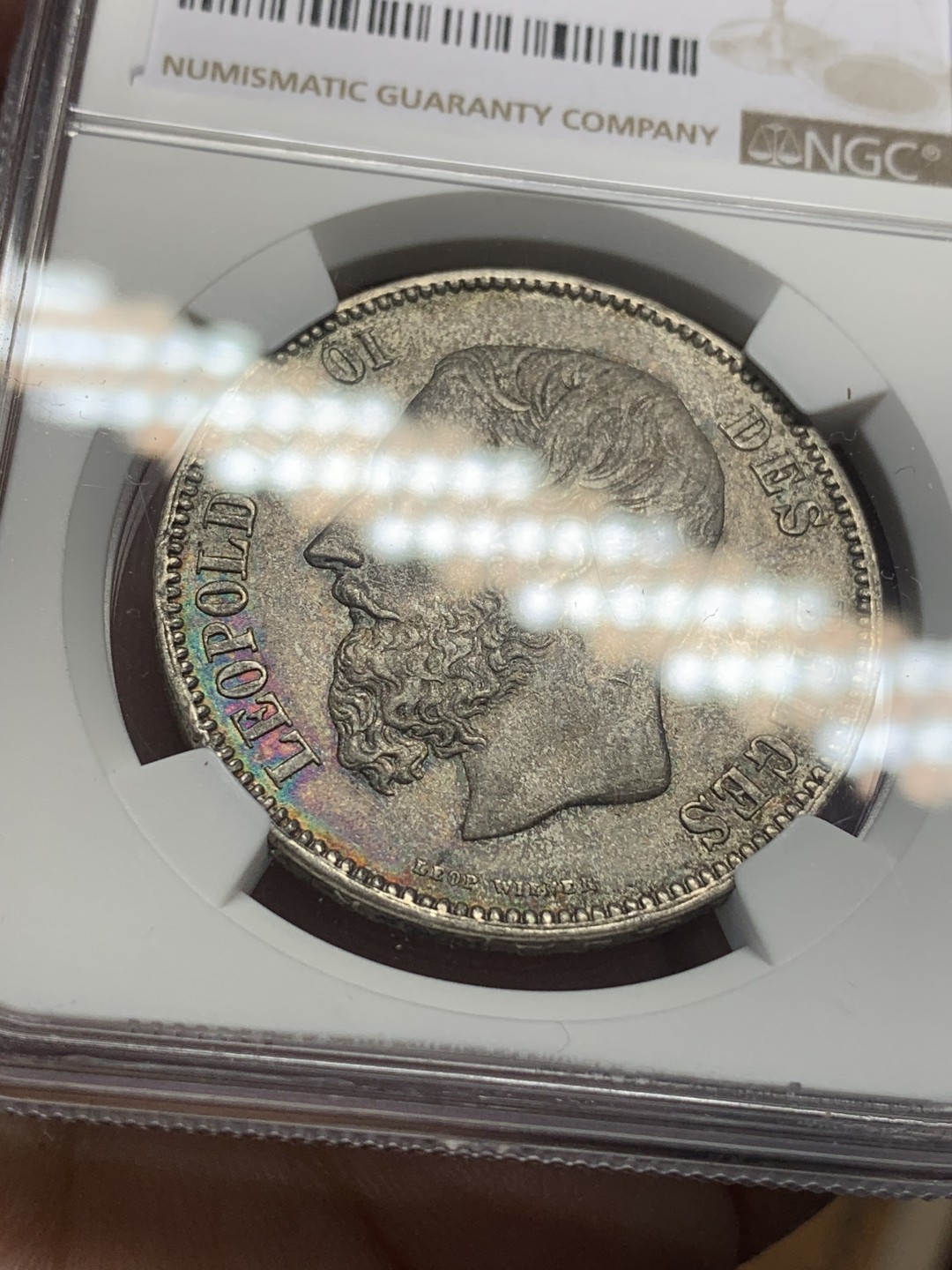 《竞宝斋》第111场-周日，周一 ，2场连拍（全场包邮） NGC-AU55 比利时1869年 利奥波德二世 5法郎大银币 酱彩包浆 低评