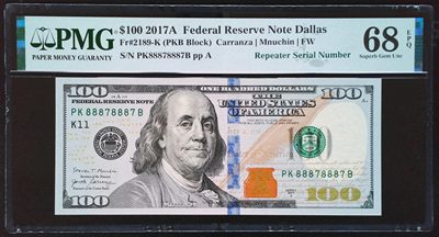 《家喻户晓》世界靓号纸钞第五期 - 2017A美国100美元 数二重复号 发发发妻发发发妻 高分PMG68