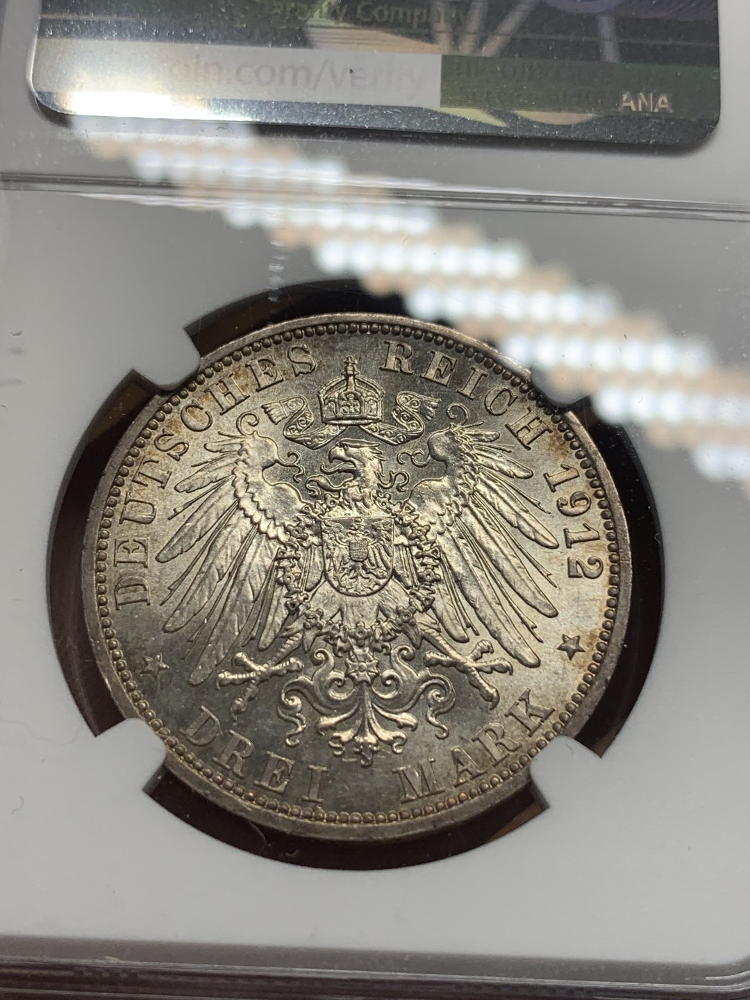 《竞宝斋》第111场-周日，周一 ，2场连拍（全场包邮） NGC-MS62 德国普鲁士1912年 威廉二世 3马克大银币 五彩包浆非常漂亮