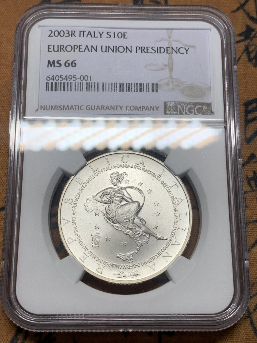 《竞宝斋》第111场-周日，周一 ，2场连拍（全场包邮） NGC-MS66 意大利 2003 10欧元 欧盟主席国 银币 币面女神精制 凸显亚平宁半岛的艺术之美