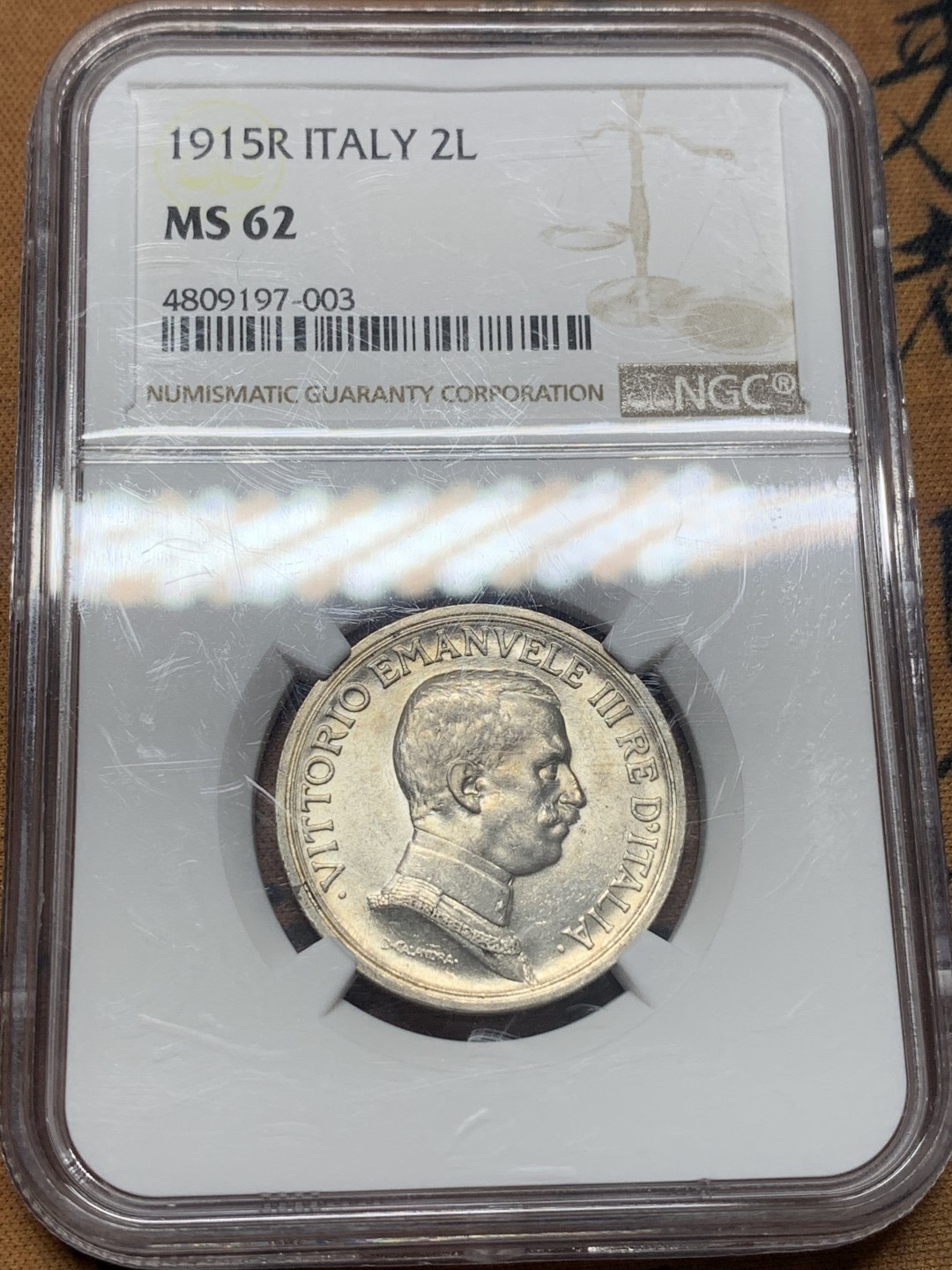 《竞宝斋》第111场-周日，周一 ，2场连拍（全场包邮） NGC-MS62 1915年 意大利马车2里拉银币 细节清晰状态不错