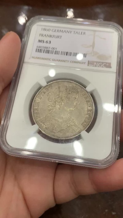 《竞宝斋》第111场-周日，周一 ，2场连拍（全场包邮） NGC MS63 德国 1860年 法兰克福 少女 泰勒 银币 高品好细节 包浆币上MS太不容易了