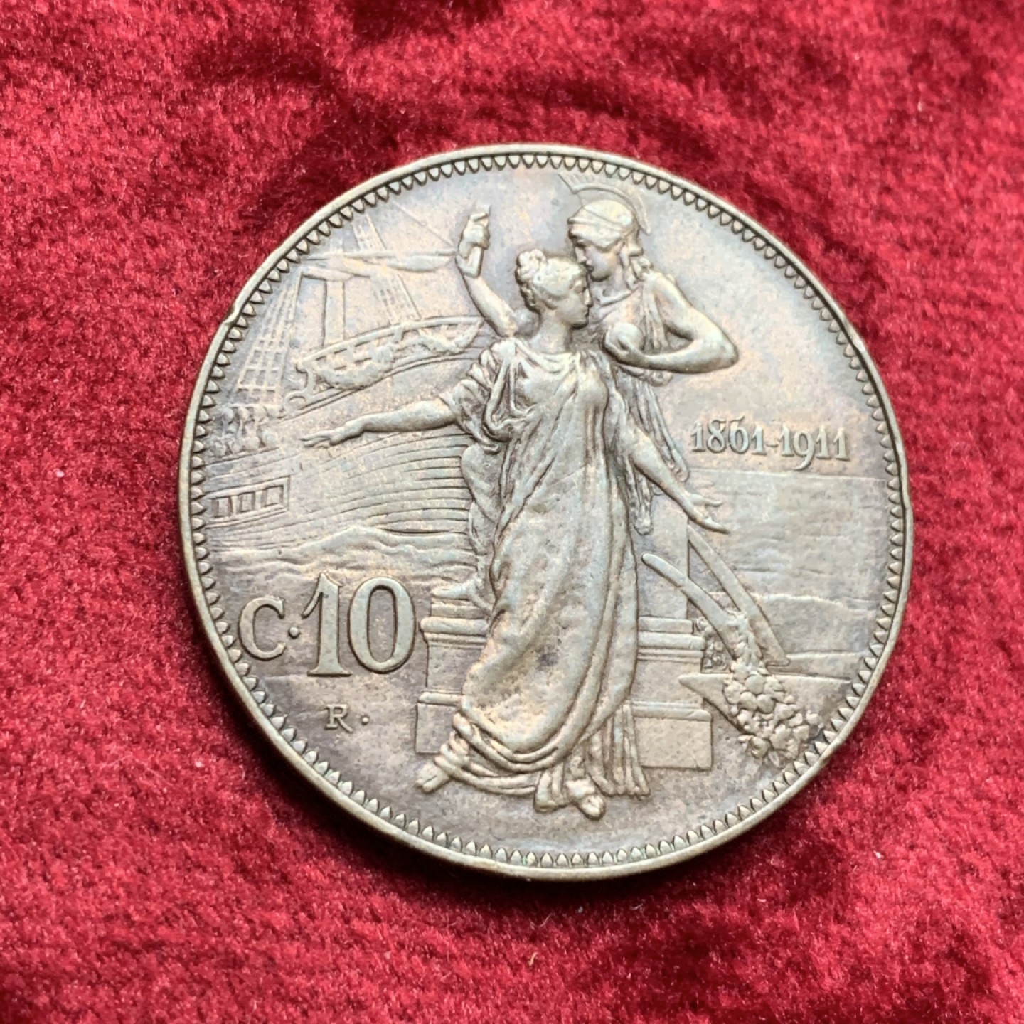 《竞宝斋》第111场-周日，周一 ，2场连拍（全场包邮） 意大利 1911年 托奶 10分 大铜币 高点具在 非常不错的一枚