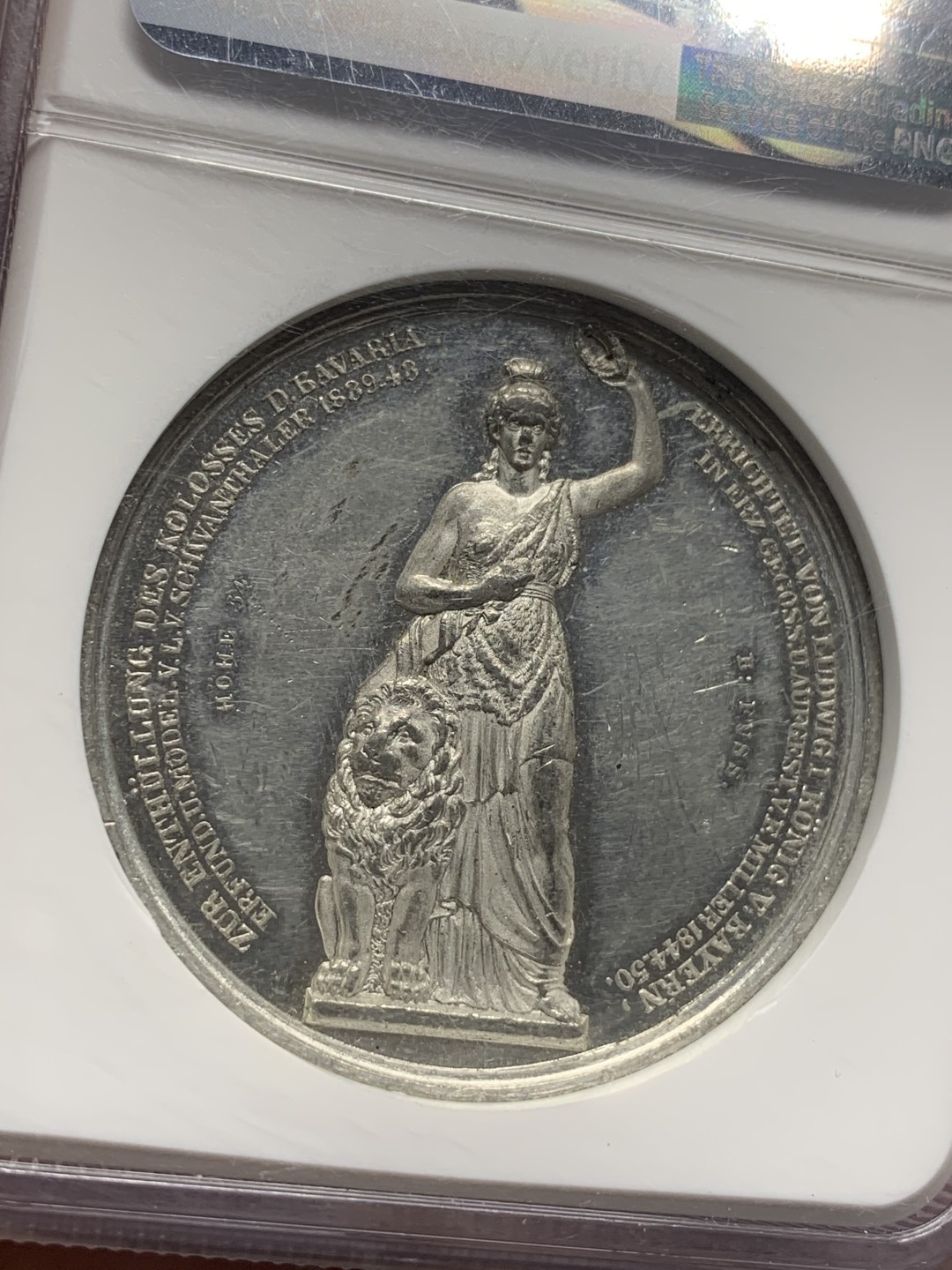 《竞宝斋》第111场-周日，周一 ，2场连拍（全场包邮） NGC MS60 德国 慕尼黑 1839 巴伐利亚纪念碑 建成纪念章 WM 白金属材质