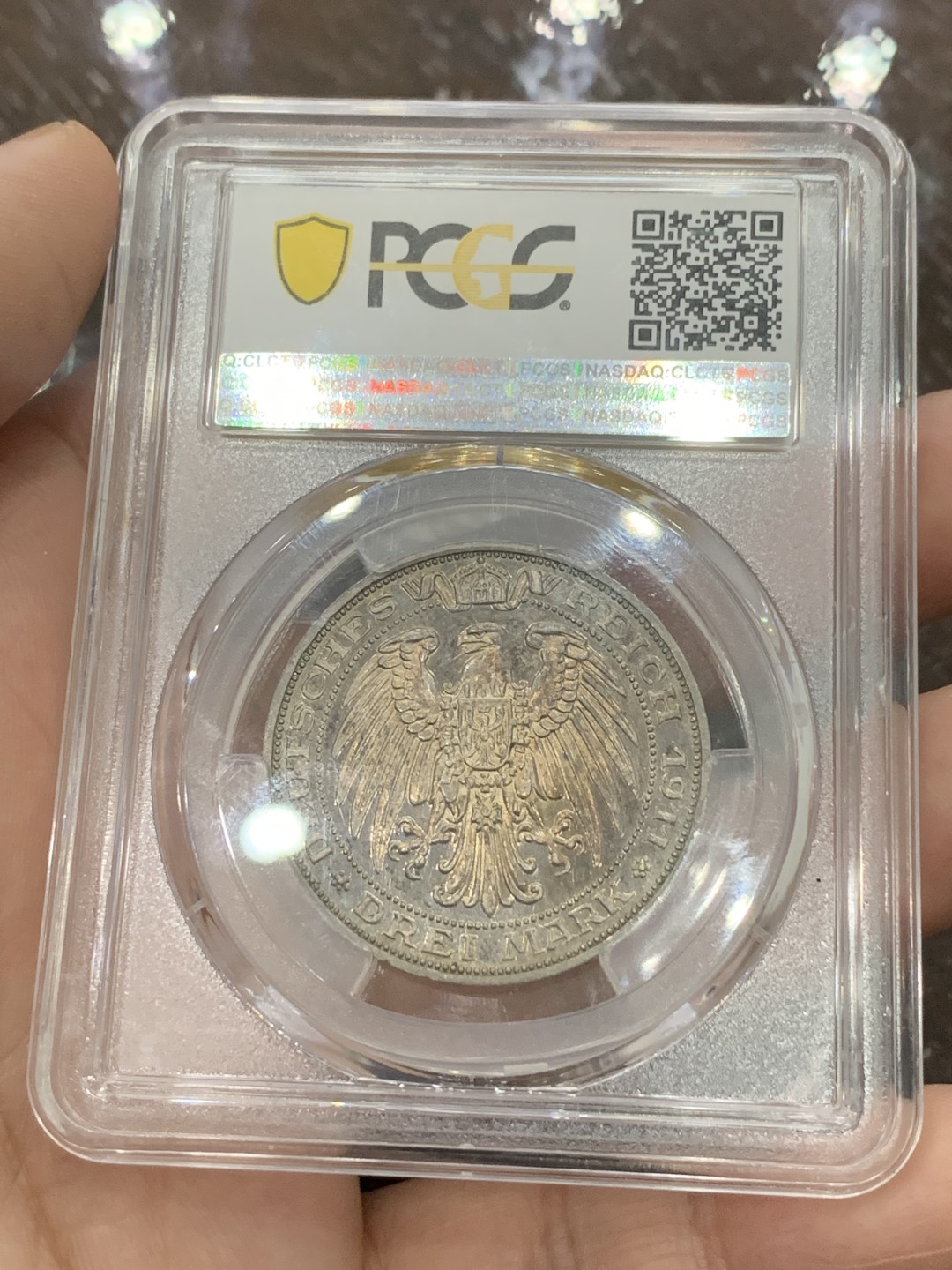 《竞宝斋》第111场-周日，周一 ，2场连拍（全场包邮） PCGS-PR63 德国 1911年 普鲁士布雷斯劳大学 3马克银币   精致靛蓝色包浆
