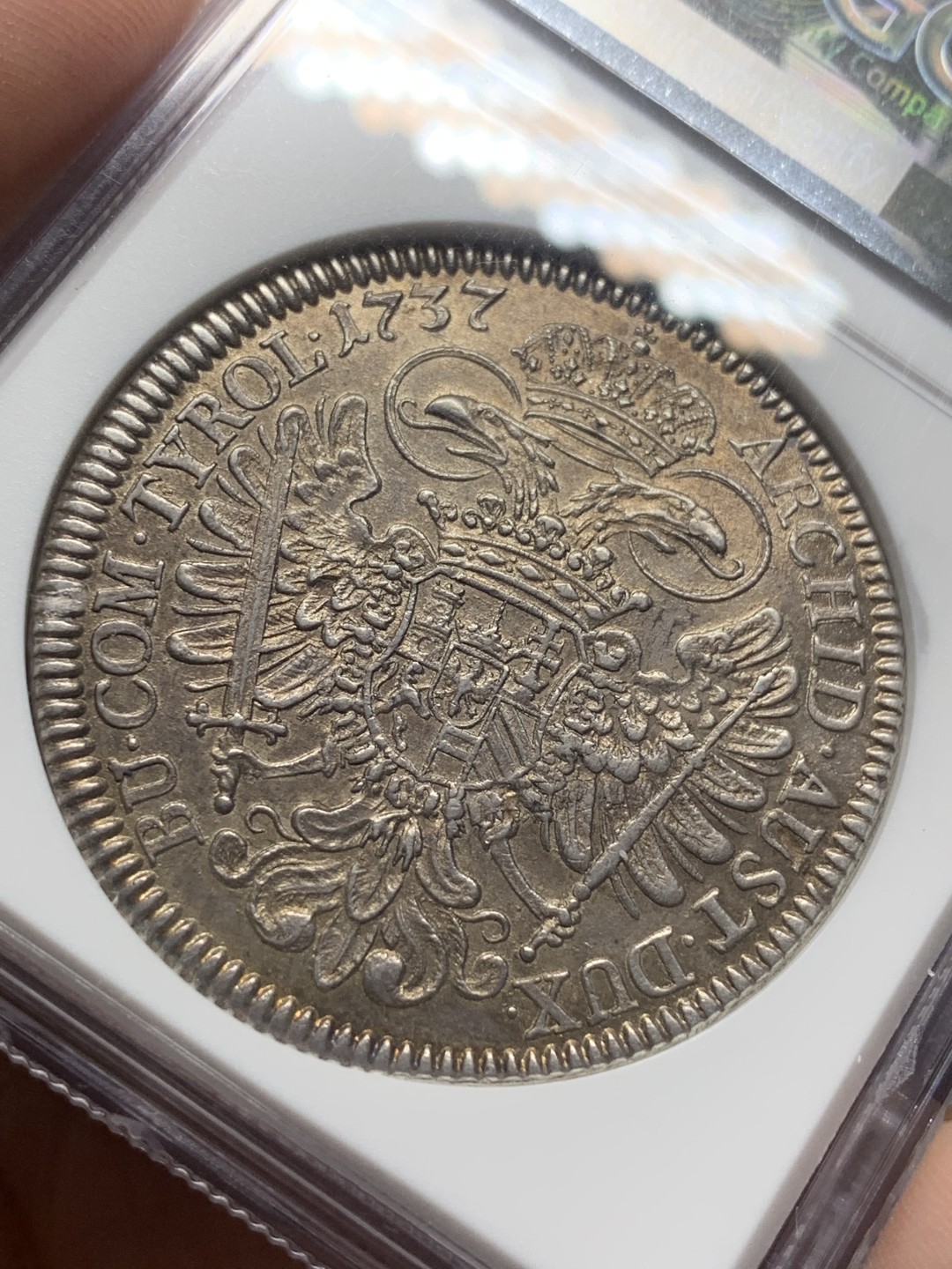 《竞宝斋》第111场-周日，周一 ，2场连拍（全场包邮） NGC-AU58 神圣罗马帝国 1737(2) 卡尔六世 1泰勒银币 深五彩包浆 打制好 状态难得