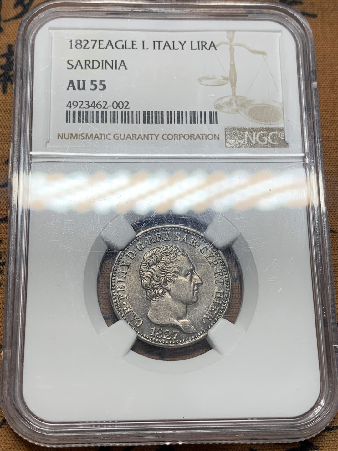 《竞宝斋》第111场-周日，周一 ，2场连拍（全场包邮） 唯一冠军分，NGC-AU55 撒丁王国1827年卡洛·腓力切1里拉银币 原味包浆 少见品种