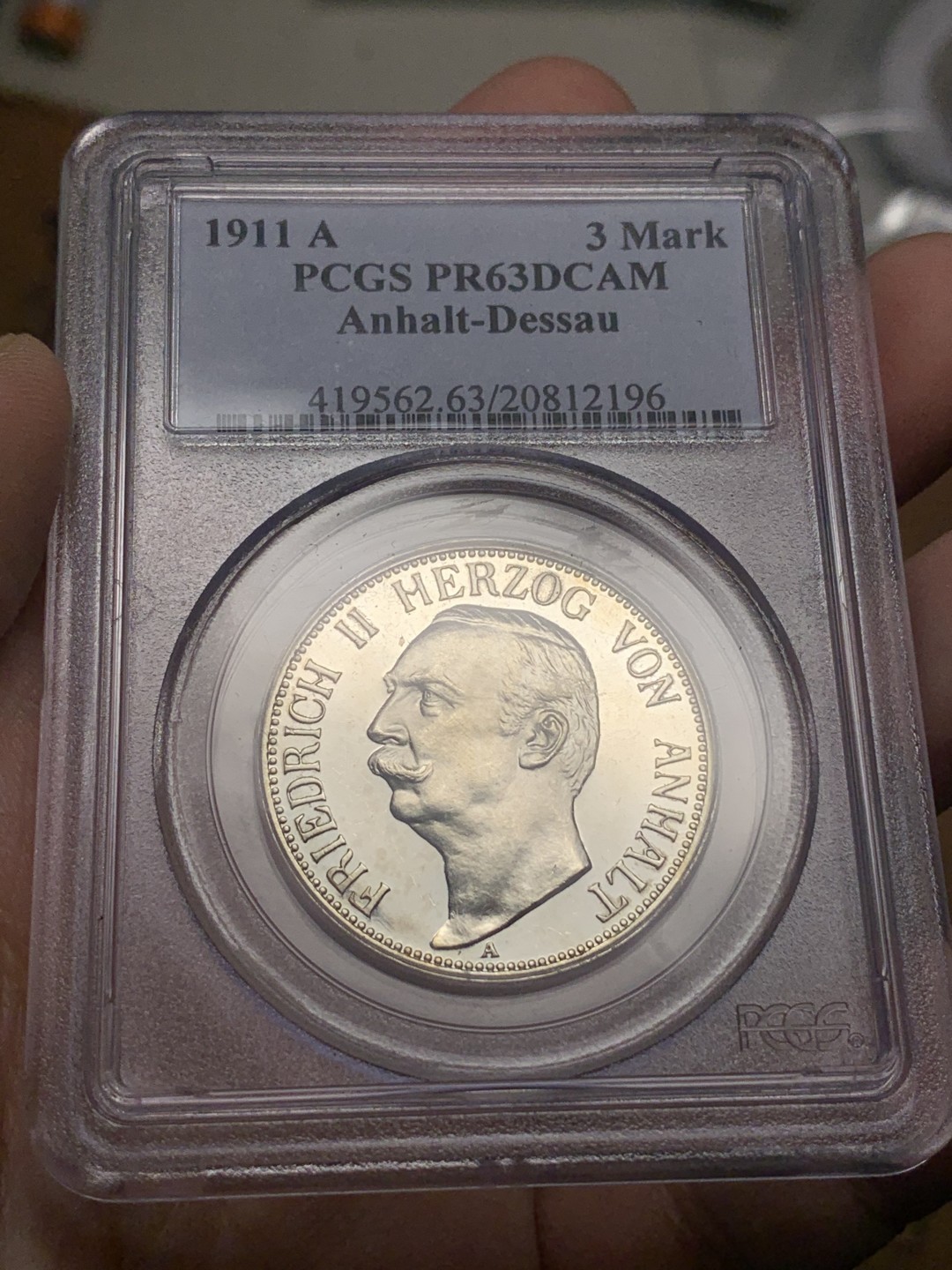 《竞宝斋》第111场-周日，周一 ，2场连拍（全场包邮） PCGS-PR63,德国1911年安哈特德绍3马克精制银币，共2个年份1911发行少