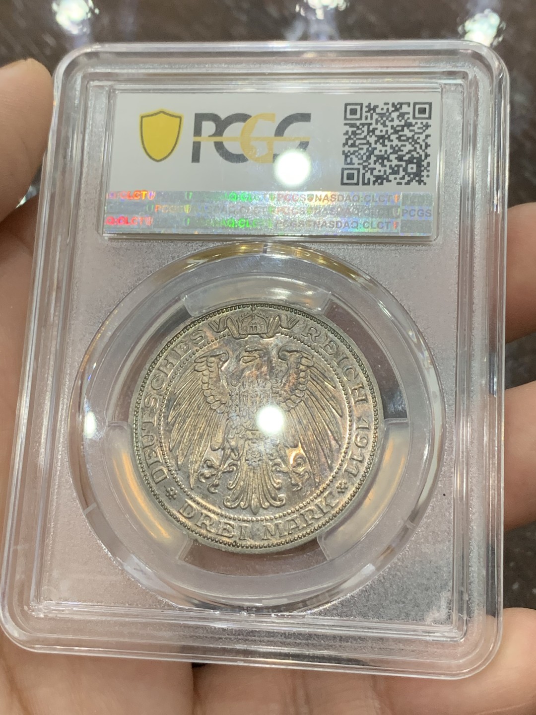 《竞宝斋》第111场-周日，周一 ，2场连拍（全场包邮） PCGS-PR63 德国 1911年 普鲁士布雷斯劳大学 3马克银币   精致靛蓝色包浆