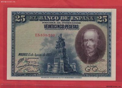 西班牙1928年25比塞塔 欧洲纸币 实物图 UNC  - 西班牙1928年25比塞塔 欧洲纸币 实物图 UNC 