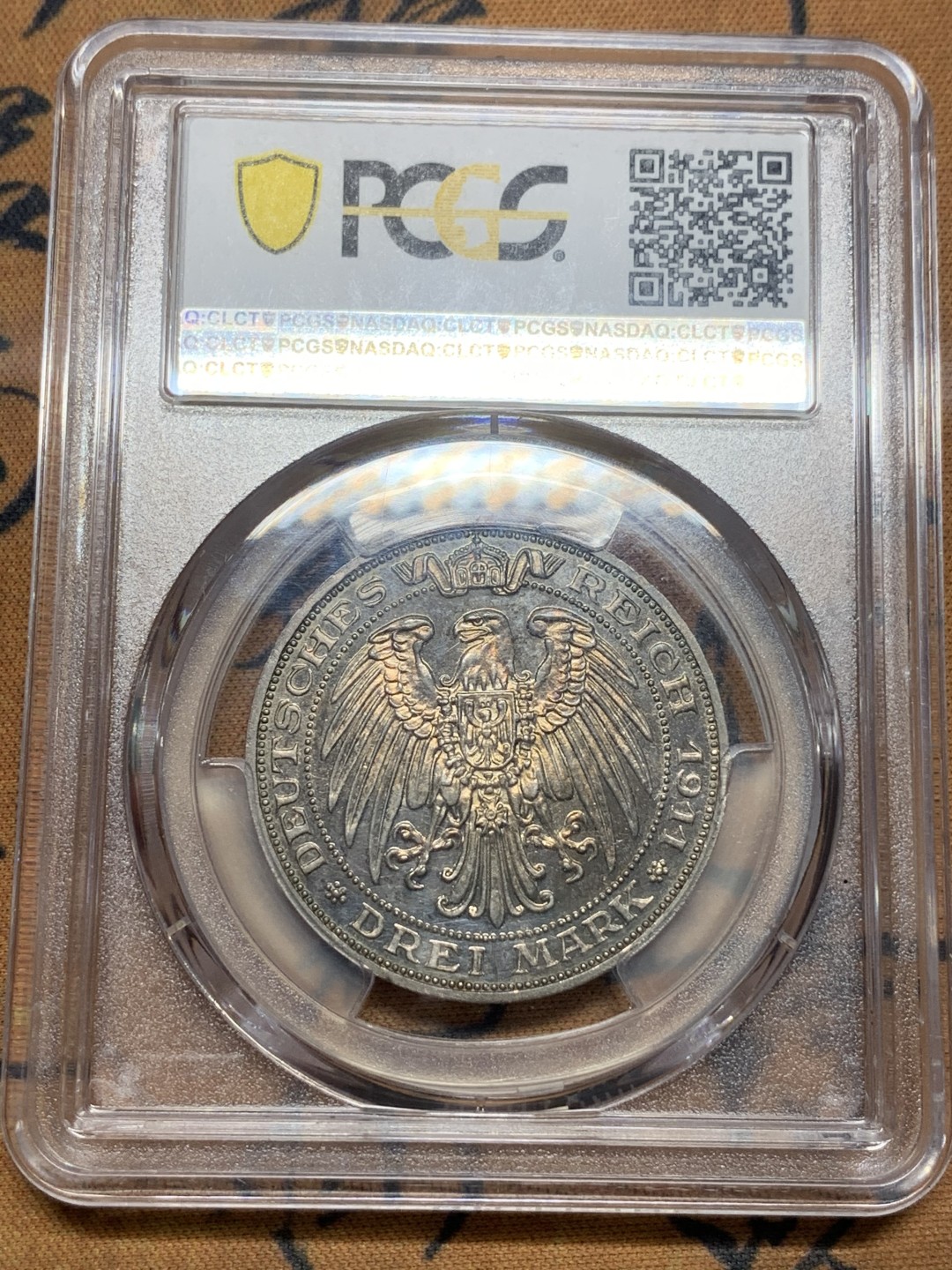 《竞宝斋》第111场-周日，周一 ，2场连拍（全场包邮） PCGS-PR63 德国 1911年 普鲁士布雷斯劳大学 3马克银币   精致靛蓝色包浆