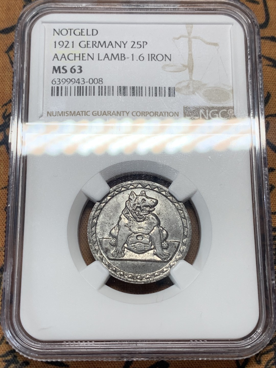 《竞宝斋》第111场-周日，周一 ，2场连拍（全场包邮） NGC-MS63 德国紧急状态 1921年 亚琛25芬尼无心狼铁币。细节好