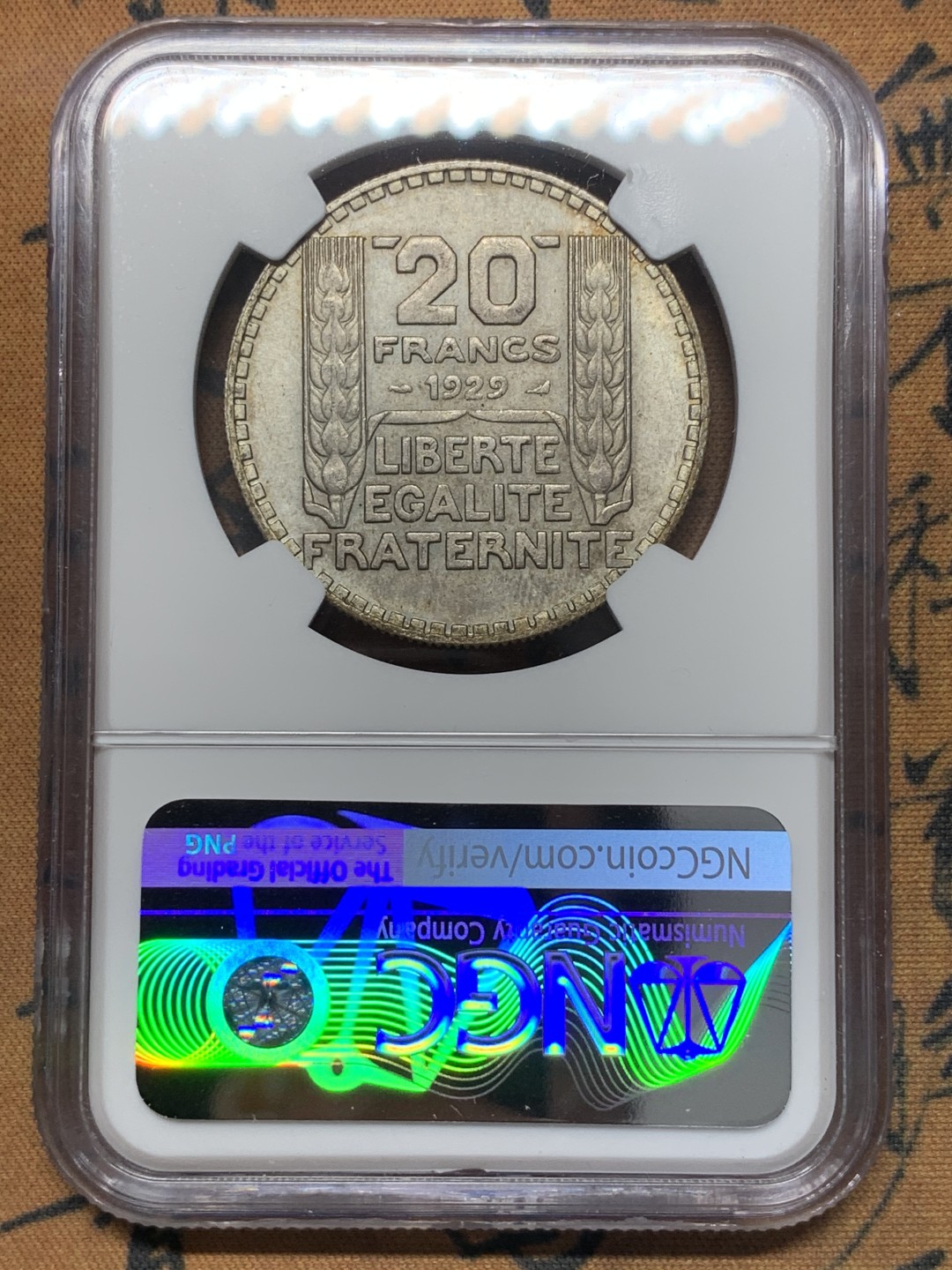《竞宝斋》第111场-周日，周一 ，2场连拍（全场包邮） NGC-MS63 法国1929年 谷物女神头像 20法郎银币 顶级好品了 这品种里早期的年份 平时见到的一般AU品