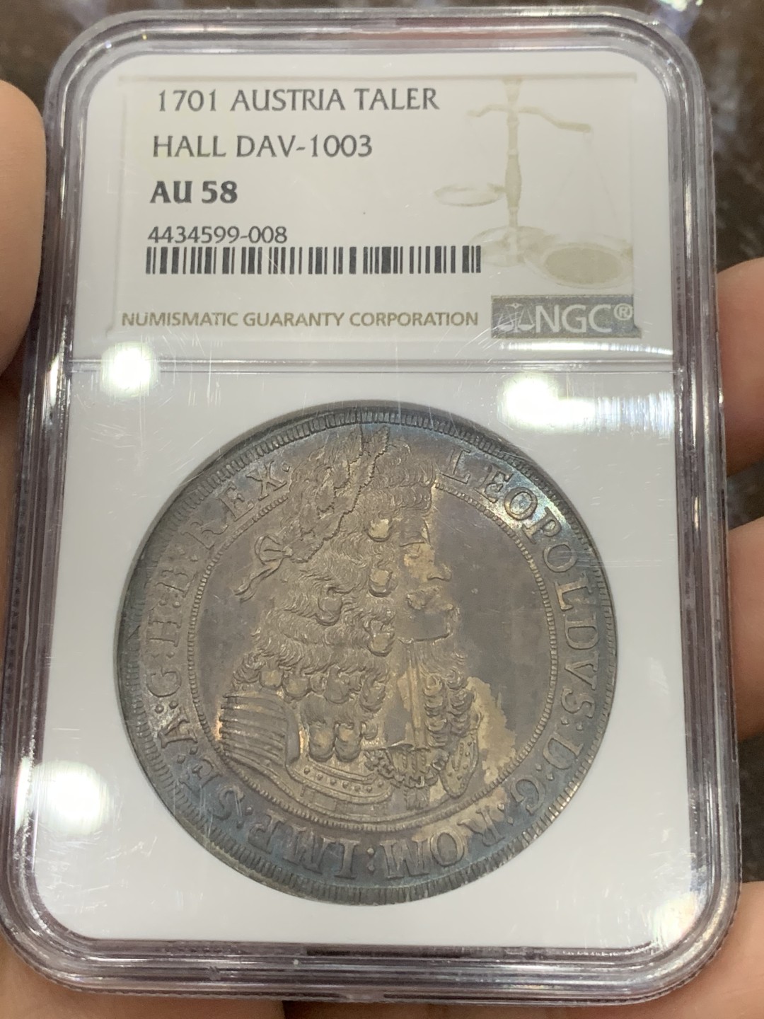 《竞宝斋》第111场-周日，周一 ，2场连拍（全场包邮） NGC-AU58  神圣罗马 帝国 1701年 利奥波德一世 大波浪 猪嘴大泰勒银币 入骨五彩包浆 老味道 非常漂亮