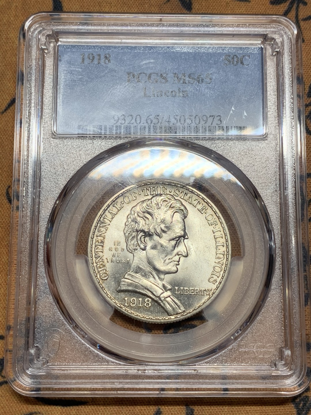 《竞宝斋》第111场-周日，周一 ，2场连拍（全场包邮） PCGS MS65 原光高分带彩美国1918年林肯半美元纪念银币 极好