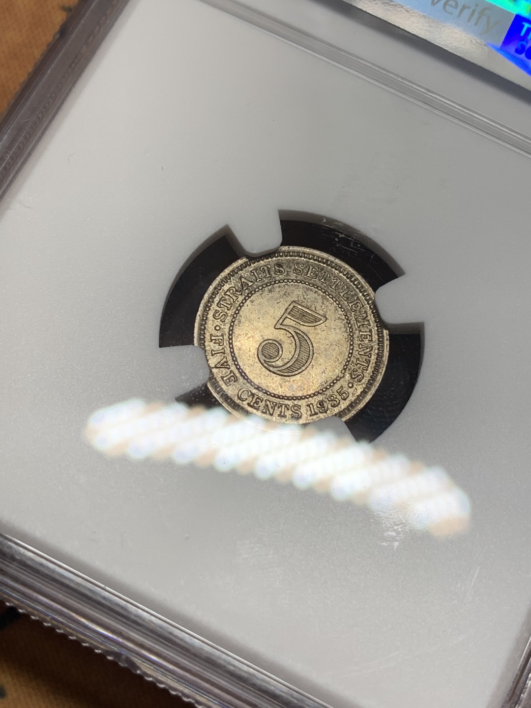 《竞宝斋》第111场-周日，周一 ，2场连拍（全场包邮） NGC MS62 1935 英属海峡5分  银币 品相非常好