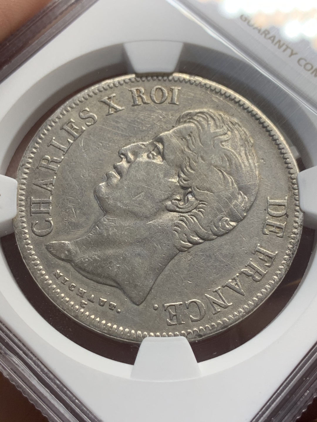 《竞宝斋》第111场-周日，周一 ，2场连拍（全场包邮） NGC XF 法国 1828年W版查理十世五法郎银币 老包浆好状态 可藏品种