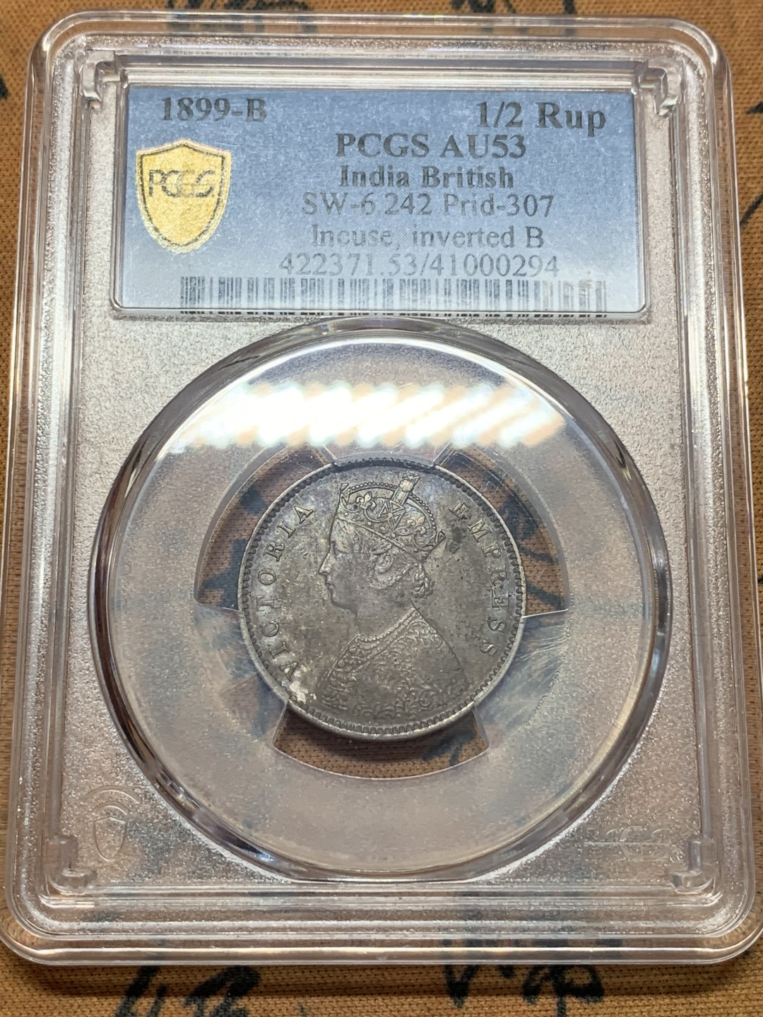 《竞宝斋》第111场-周日，周一 ，2场连拍（全场包邮） PCGS AU53 1899 英属印度小维1/2卢比 稀少面值 带彩包浆  目录价高 XF的400美金