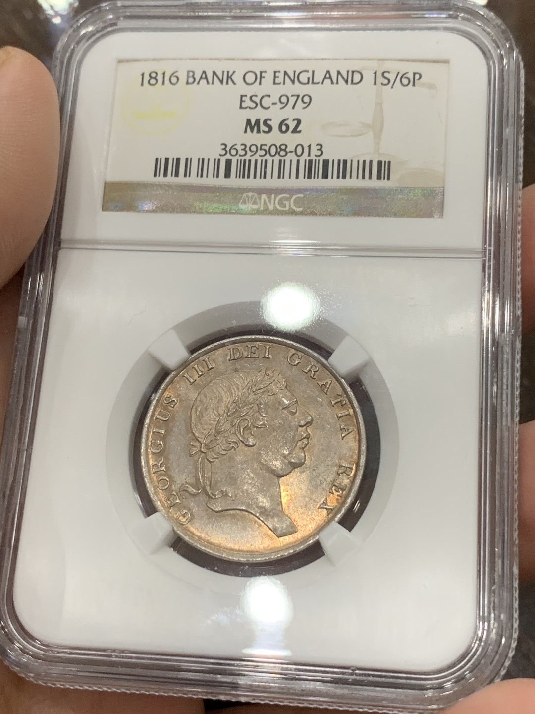 《竞宝斋》第111场-周日，周一 ，2场连拍（全场包邮） NGC MS62 英国乔三 英格兰银行1816 1先令6便士  状态一流