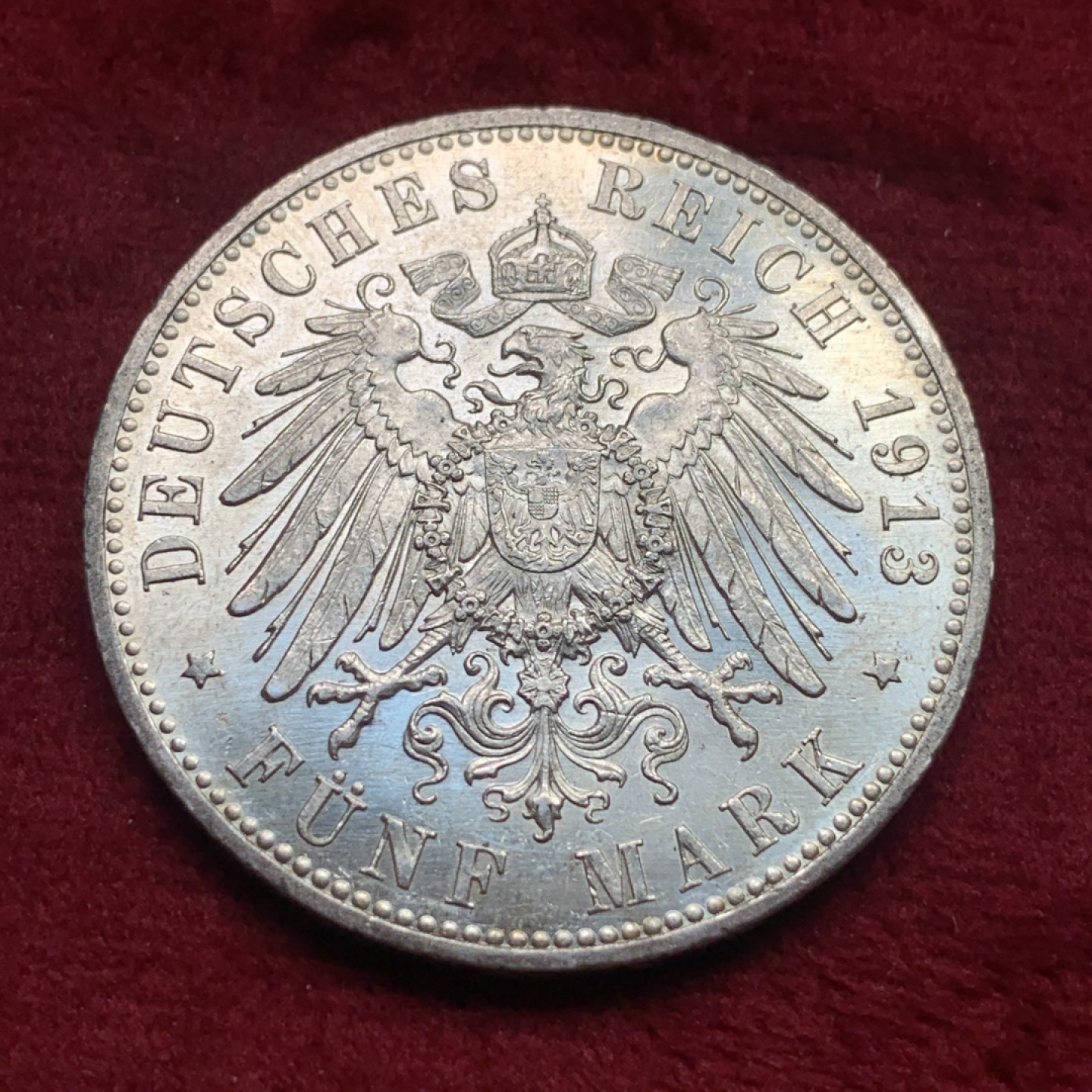 《竞宝斋》第111场-周日，周一 ，2场连拍（全场包邮） 德国 普鲁士 1913年 威廉二世 戎装版 5马克 银币 背面转光 极好