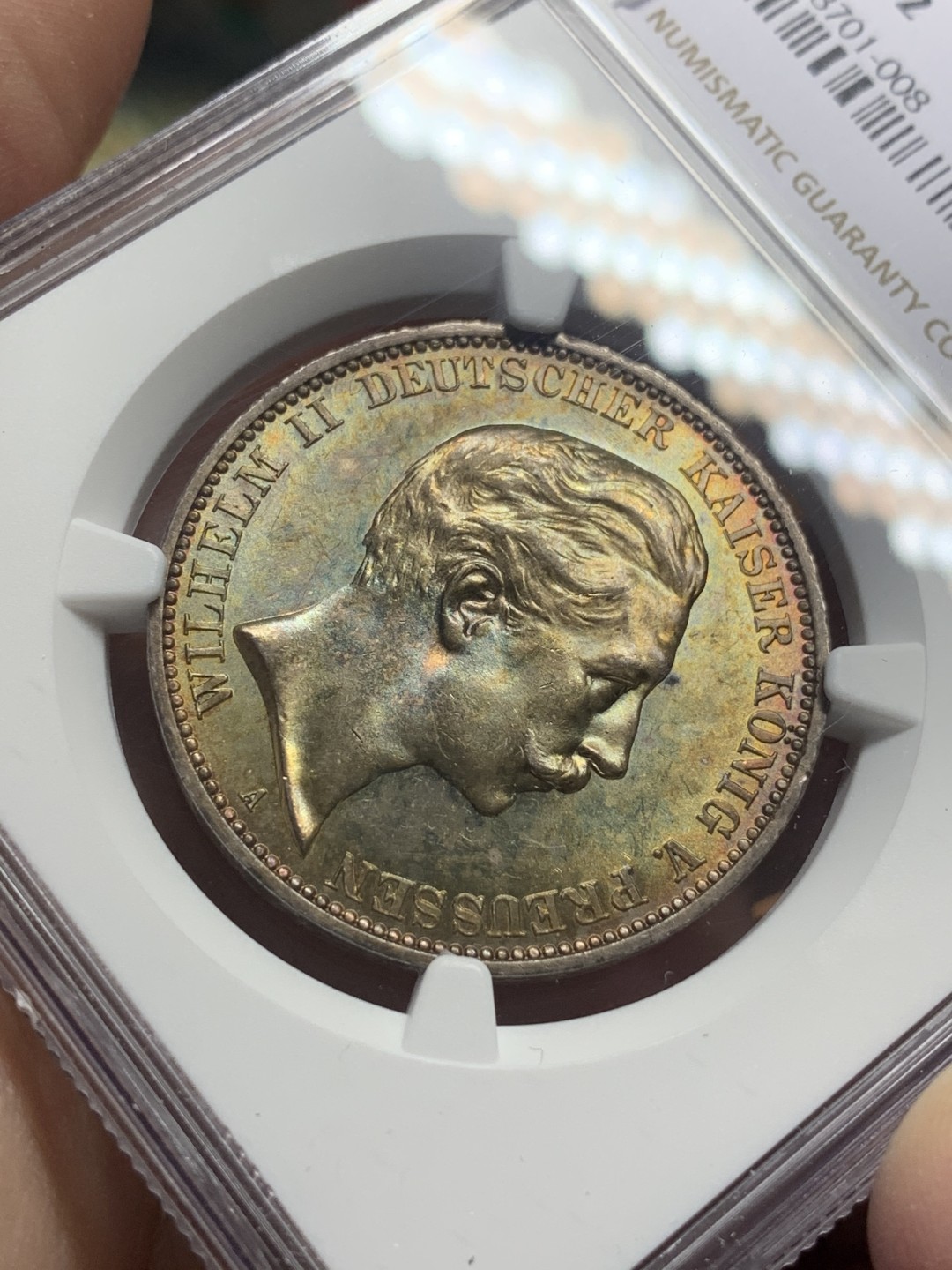 《竞宝斋》第111场-周日，周一 ，2场连拍（全场包邮） NGC-MS62 德国普鲁士1912年 威廉二世 3马克大银币 五彩包浆非常漂亮