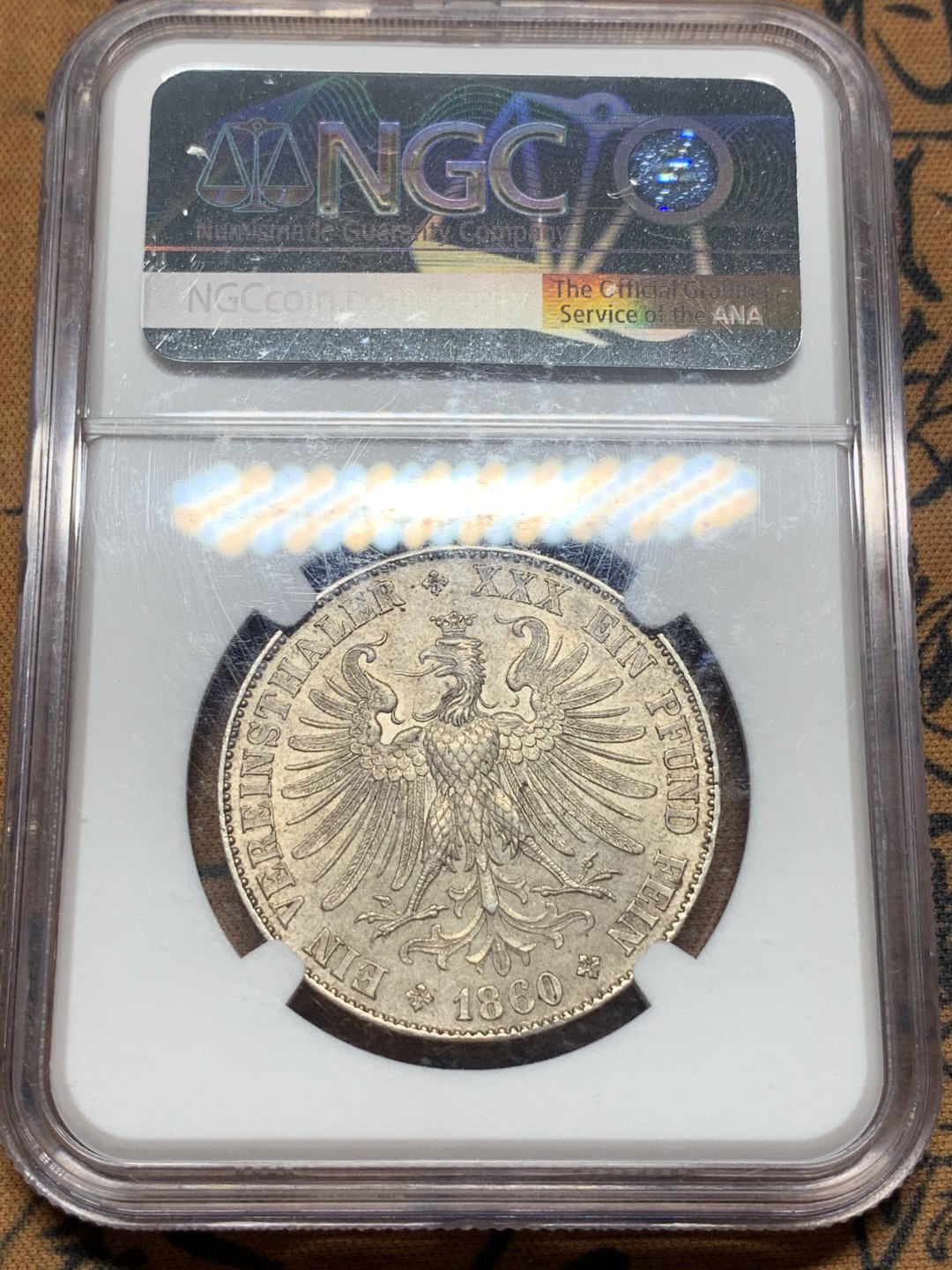 《竞宝斋》第111场-周日，周一 ，2场连拍（全场包邮） NGC MS63 德国 1860年 法兰克福 少女 泰勒 银币 高品好细节 包浆币上MS太不容易了