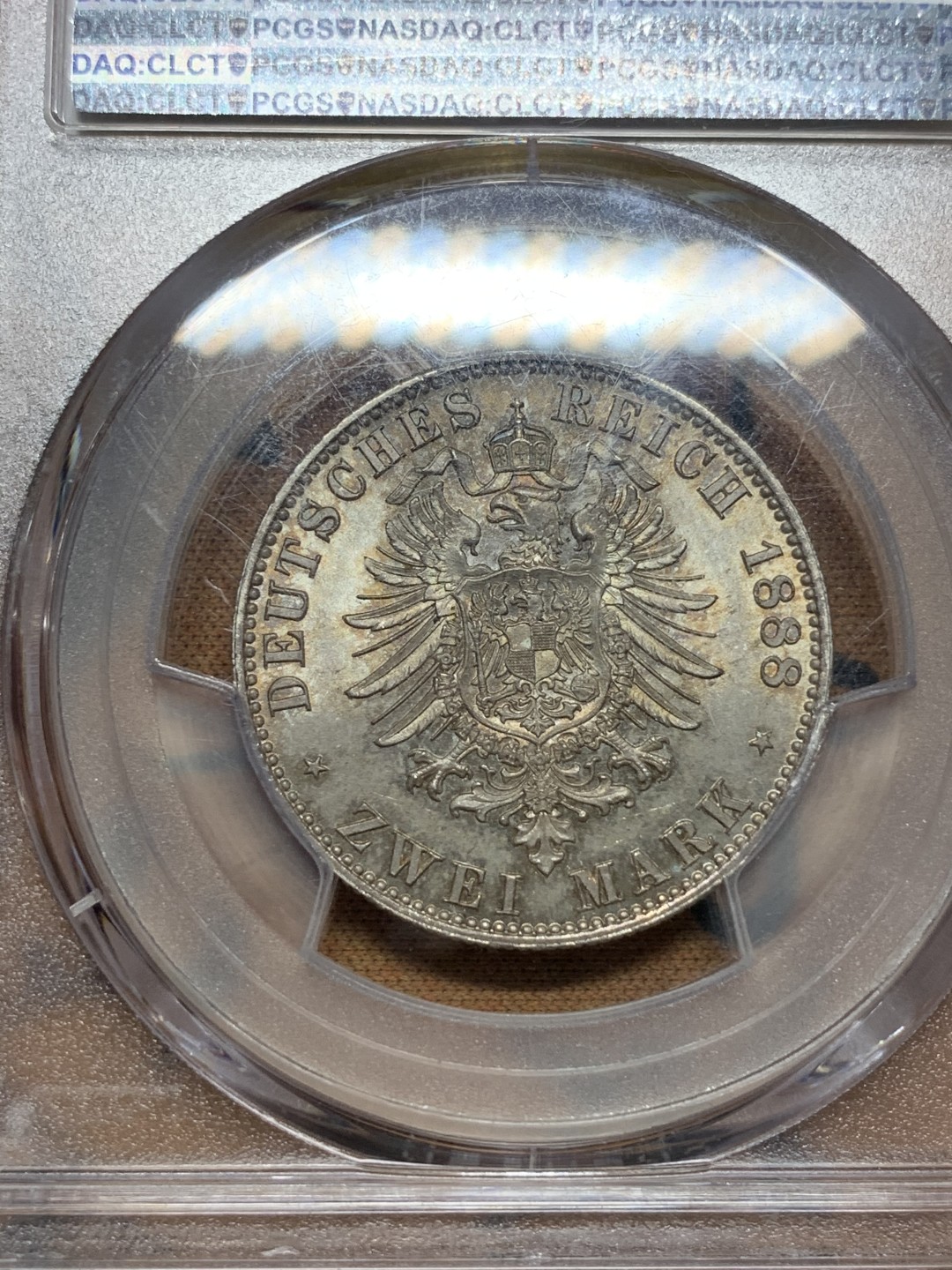 《竞宝斋》第111场-周日，周一 ，2场连拍（全场包邮） 罕见高分！PCGS-MS66，德国普鲁士1888三皇之年弗里德里希三世短翅2马克银币，持续上涨品种！深彩十字光