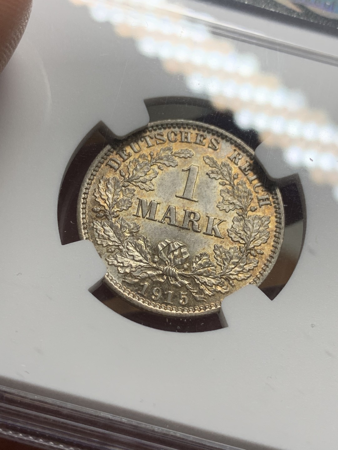 《竞宝斋》第111场-周日，周一 ，2场连拍（全场包邮） NGC-MS65 德国 1915E 长翅鹰1马克银币 黄油彩包浆