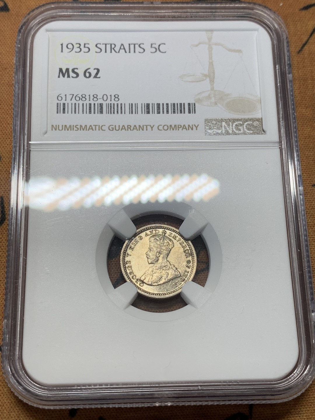 《竞宝斋》第111场-周日，周一 ，2场连拍（全场包邮） NGC MS62 1935 英属海峡5分  银币 品相非常好