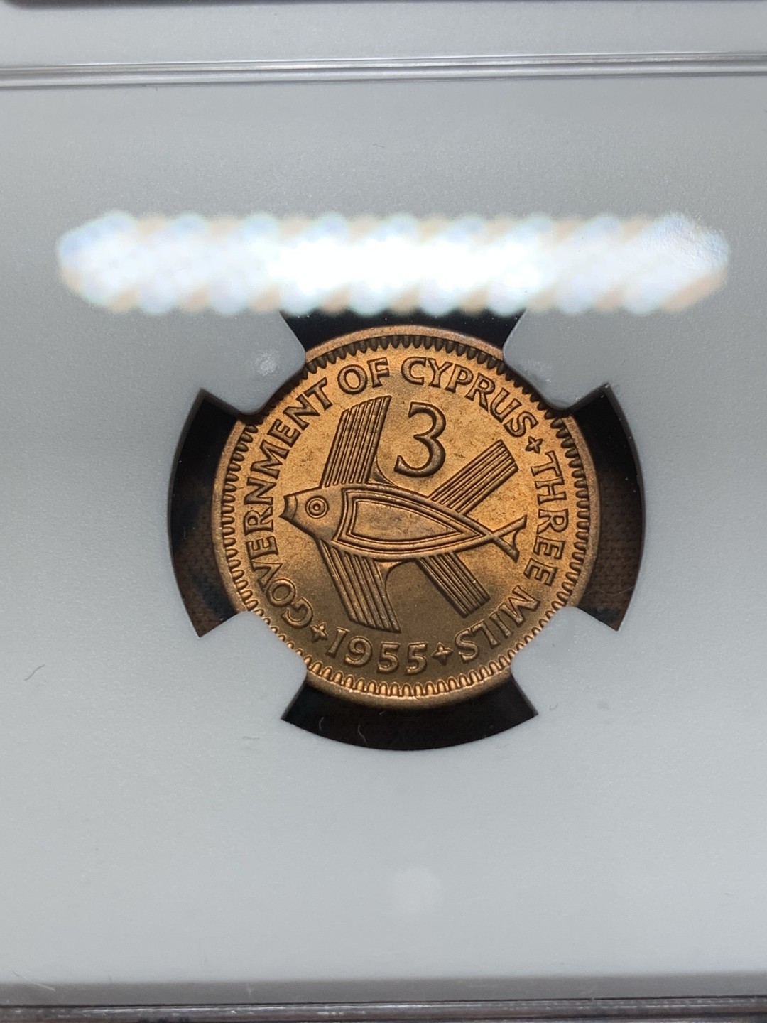 《竞宝斋》第111场-周日，周一 ，2场连拍（全场包邮） NGC-MS65 塞浦路斯1955年 伊丽萨白女王二世 3M铜币 少见的品种