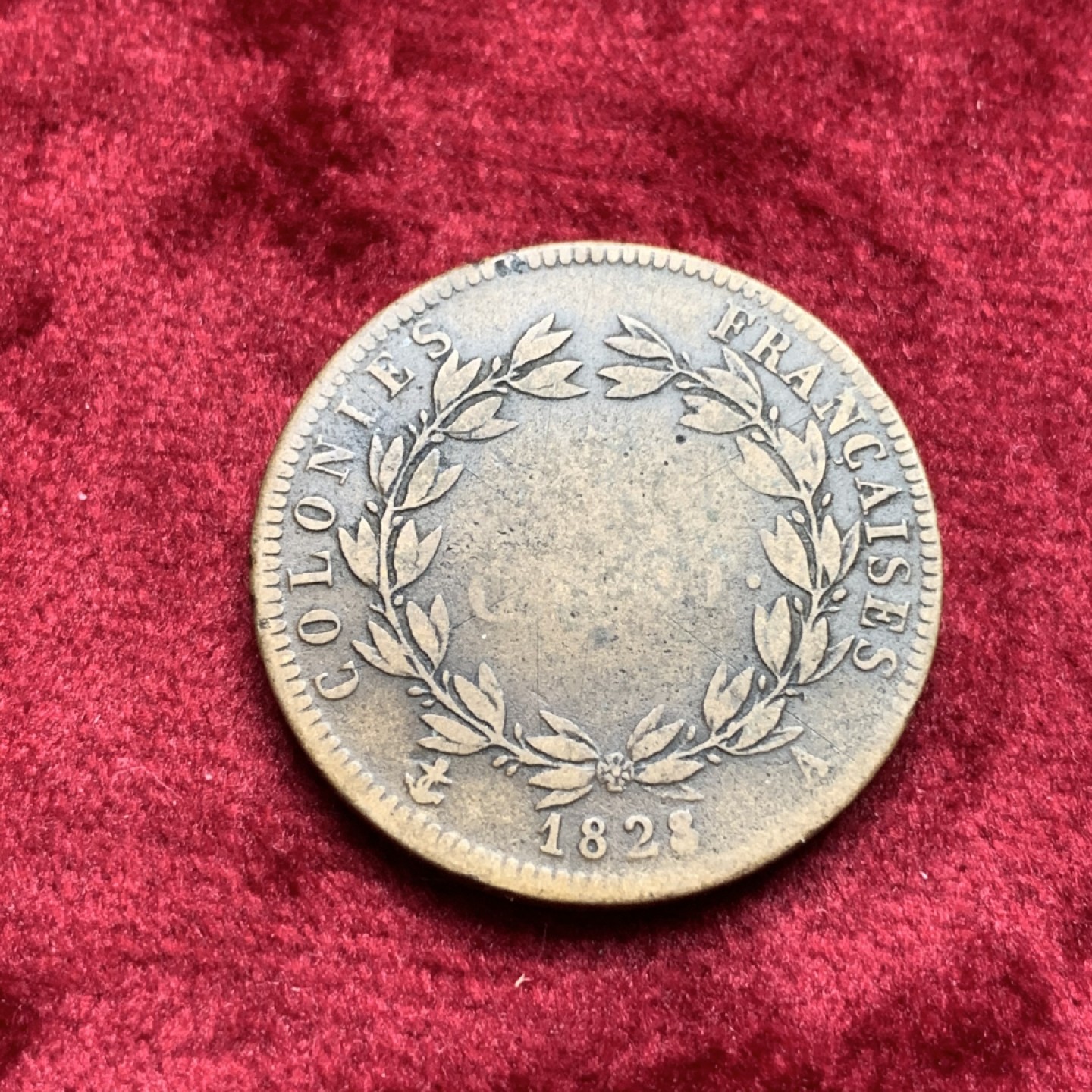 《竞宝斋》第111场-周日，周一 ，2场连拍（全场包邮） 1828年A厂法属殖民地查理十世5分铜币，流通磨损包浆自然